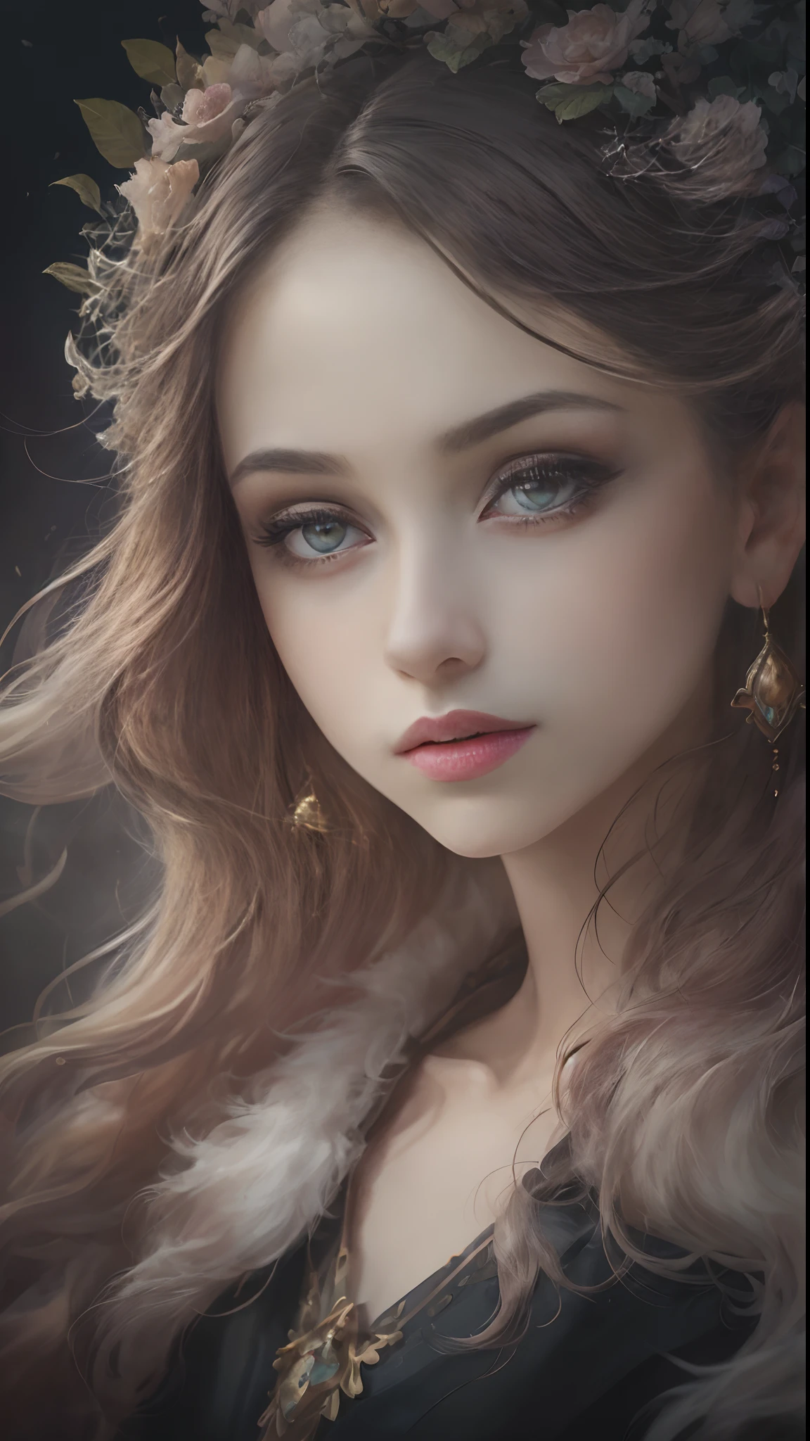 (Best quality, 4K, 8K, A high resolution, Masterpiece:1.2), Ultra-detailed, Realistic portrait, Beautifully detailed eyes, beautiful detailed lips, Detailed expression, Graceful posture, subtly lit, Dreamy atmosphere, Dark-toned background, expressive brush strokes, mystical ambiance, Artistic interpretation, Stunning Studio Ghibli style costumes, a whimsical illustration, Subtle colors and tones, mystical aura,