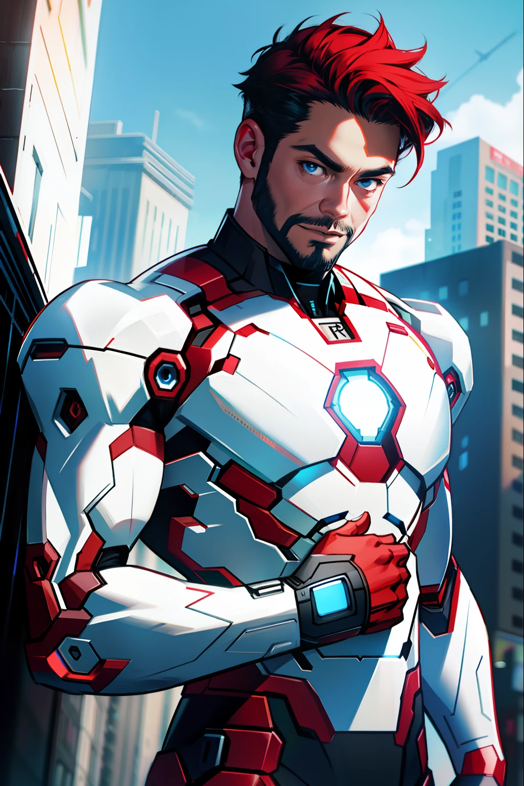 hyper details, hyper quality, ultra resolution, Marvel style, 8k, masterpiece, (1Man in (White Armor) similar [iron man] color:(black with red accents):1.2), (blue eyes):1.2, (hair slicked back:1,2), (short hair color blue):1.2, beard short, (western appearance):1.2, perfect_anatomy, perfect_hands, perfect_suit, front_face:1.2, (destroyed city scenery), Tony Stark