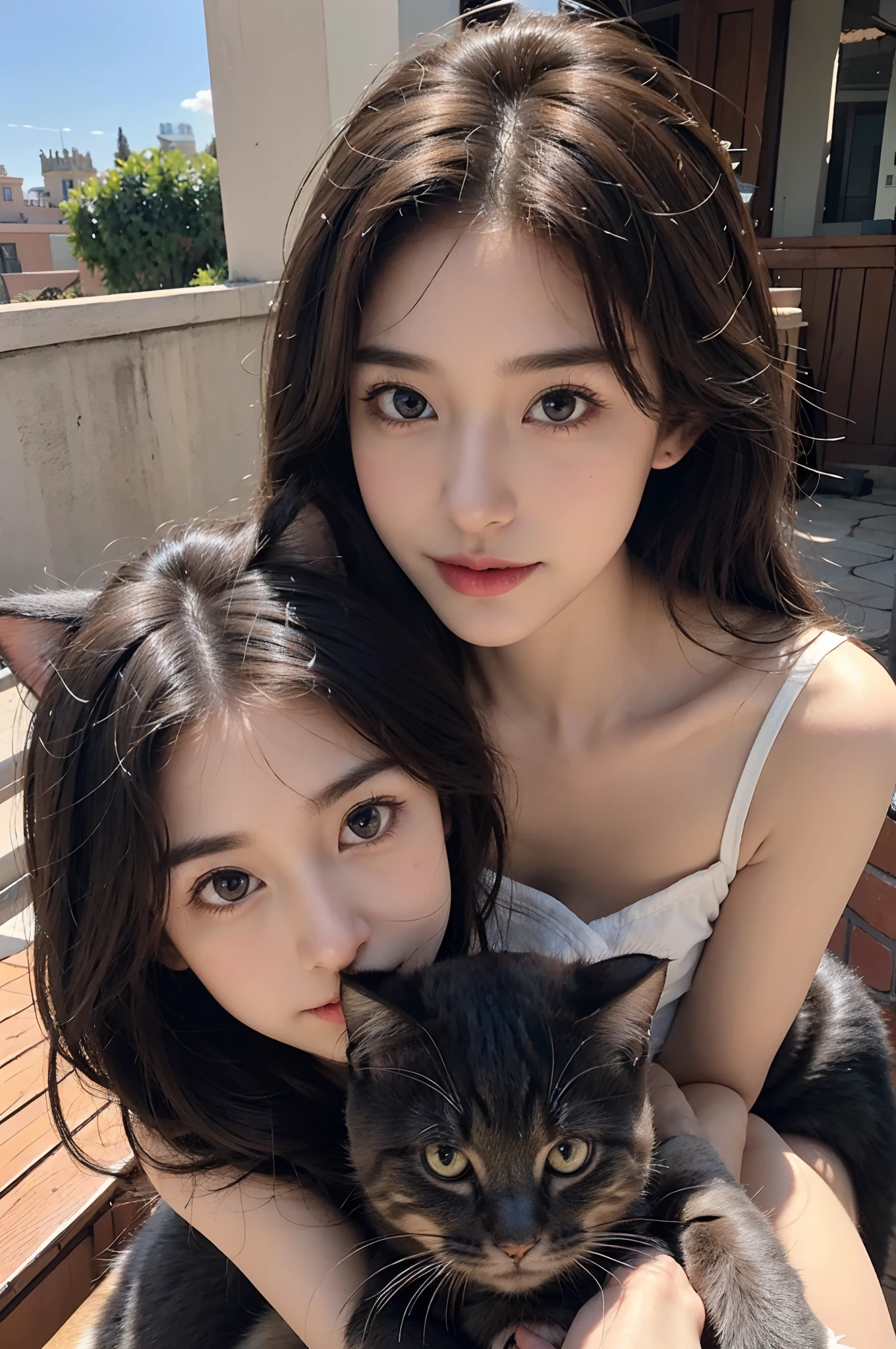 Cartoon, Disney style, oil painted, Intricate, Two adult cats,two kittens, on a rooftop, Can feature portraits, kindness, Beauty, softness, Big beautiful eyes, voluminetric lighting, Beautiful, rich deep color, Masterpiece, Sharp focus, Ultra detailed, astrophotography,ray tracing