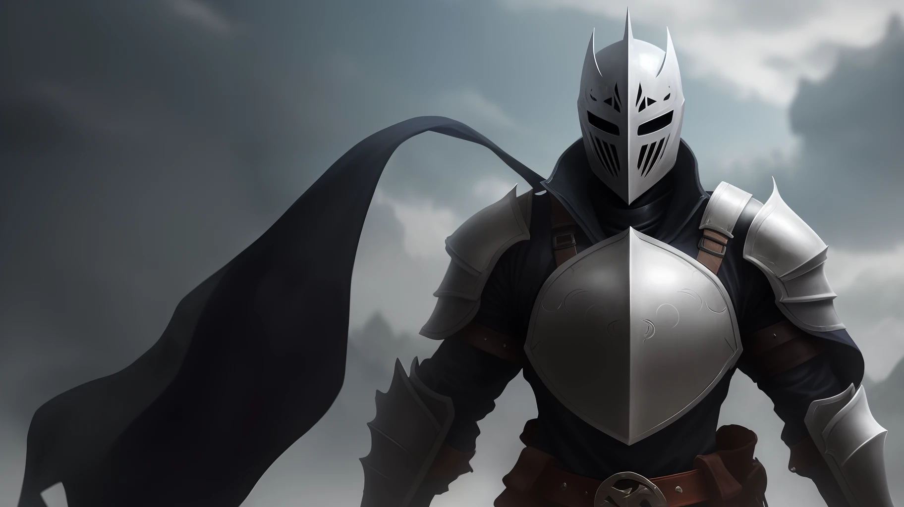 A mysterious knight, he uses a white mask with a black helmet, two white masks on his pauldron, he wears black, white and old yellow color for his armor, his presence are mysterious, have an army ready to helping him in defeating his opponent