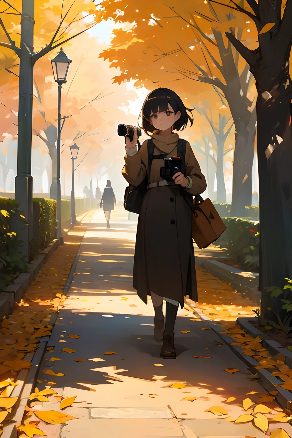 A girl holding a camera,Walk around campus,Fallen leaves fall,Warm atmosphere with sunny day,artwork of a,flatillustration,Vito immediately modeled,16k,ultra - detailed