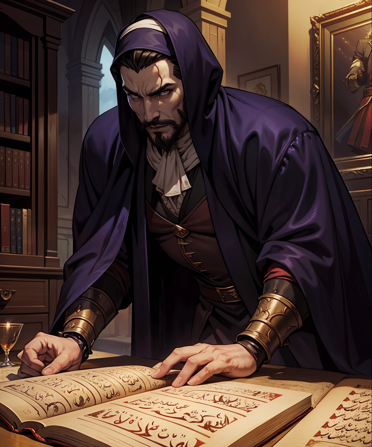 Castlevania Shadow Lord hyper realistic super detailed Dynamic shot centerpiece of Lord Dracula discussing ancient manuscripts with demons and Islamic princess scholars hyper realistic great scenes