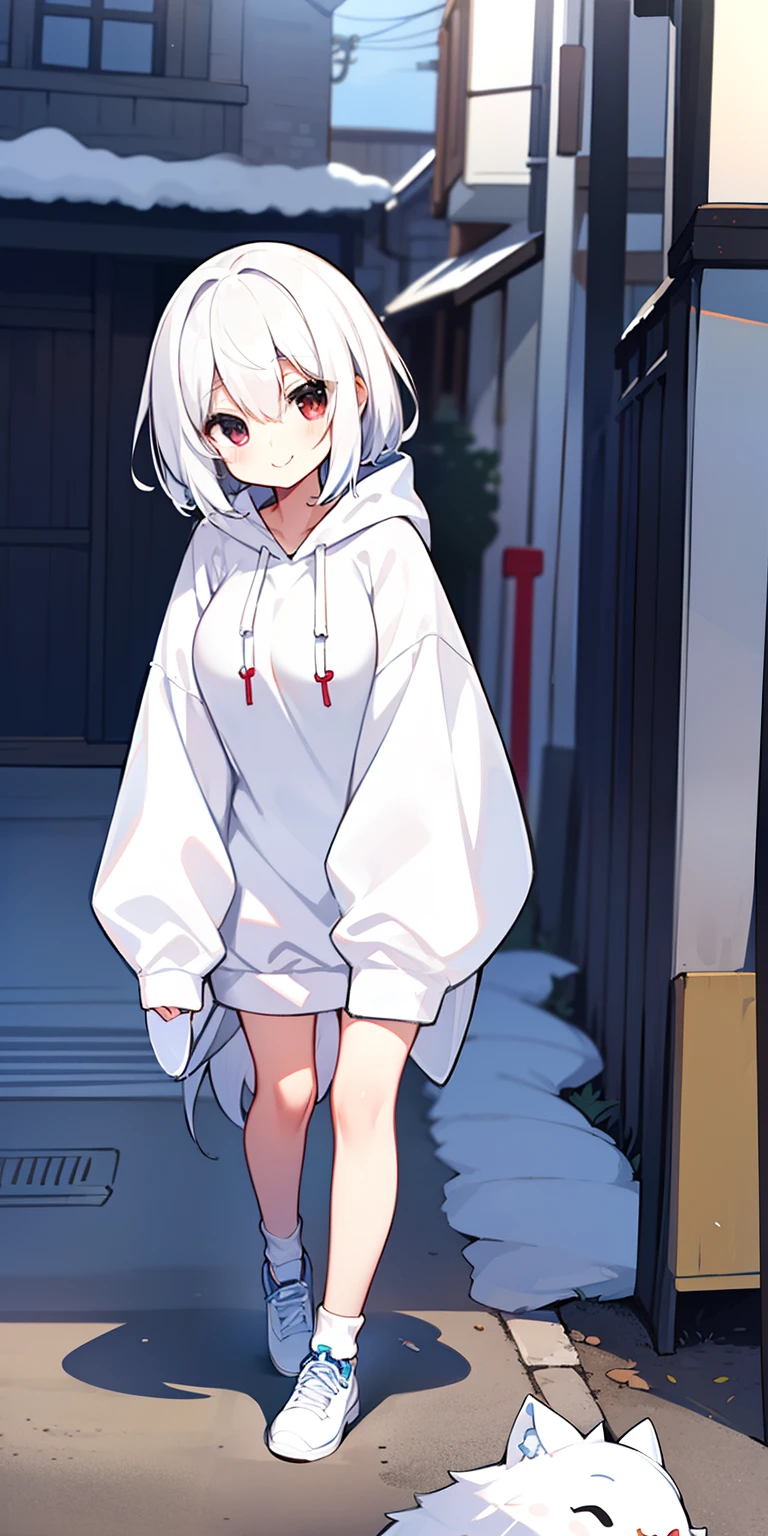 masterpiece、top-quality、1人、white hair、Wolfcut、Viewer's Perspective、kawaii、Long Hoodie、outside of house、Street、A slight smil、Short stature、large full breasts、Wearing a casket
