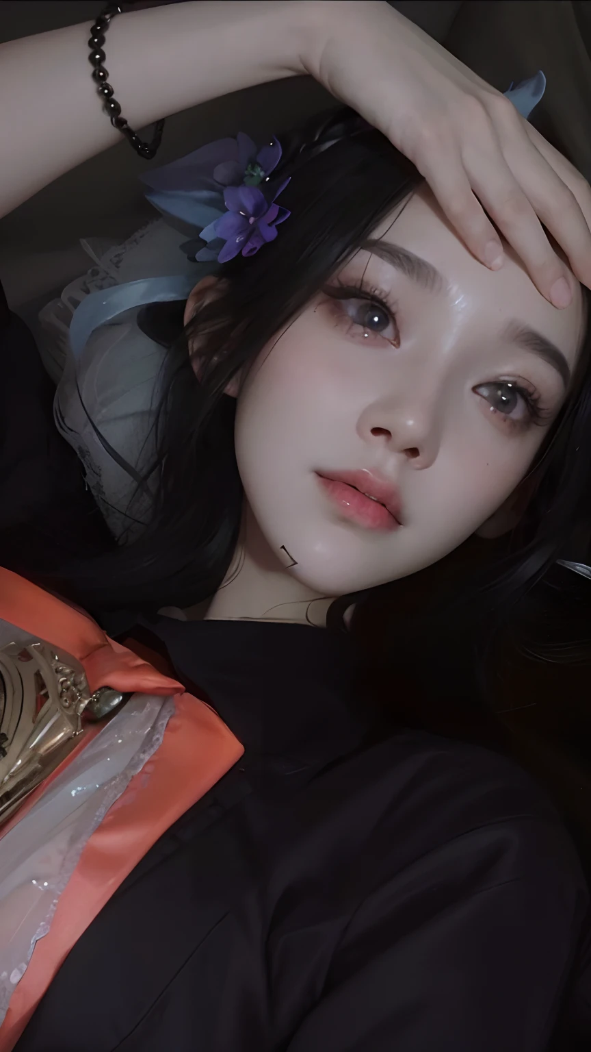 1girll,（enchanced quality：1.4），（Top quality true texture skin), Delicate face,Black hair, Gradient hair, Petite body,（perfect bodies：1.1）, There are precious stones on the forehead, rimless eyewears, Sparkling pupils，long eyelasher,grin, hyper photorealism, Cinematic lighting, projected inset, surrealism, hyper HD, Masterpiece, 16k，Lie down，dream on，Wear transparent silk pajamas,Carmelto,Legs slightly open，Tattooed with，Fantasy space，Luxurious space