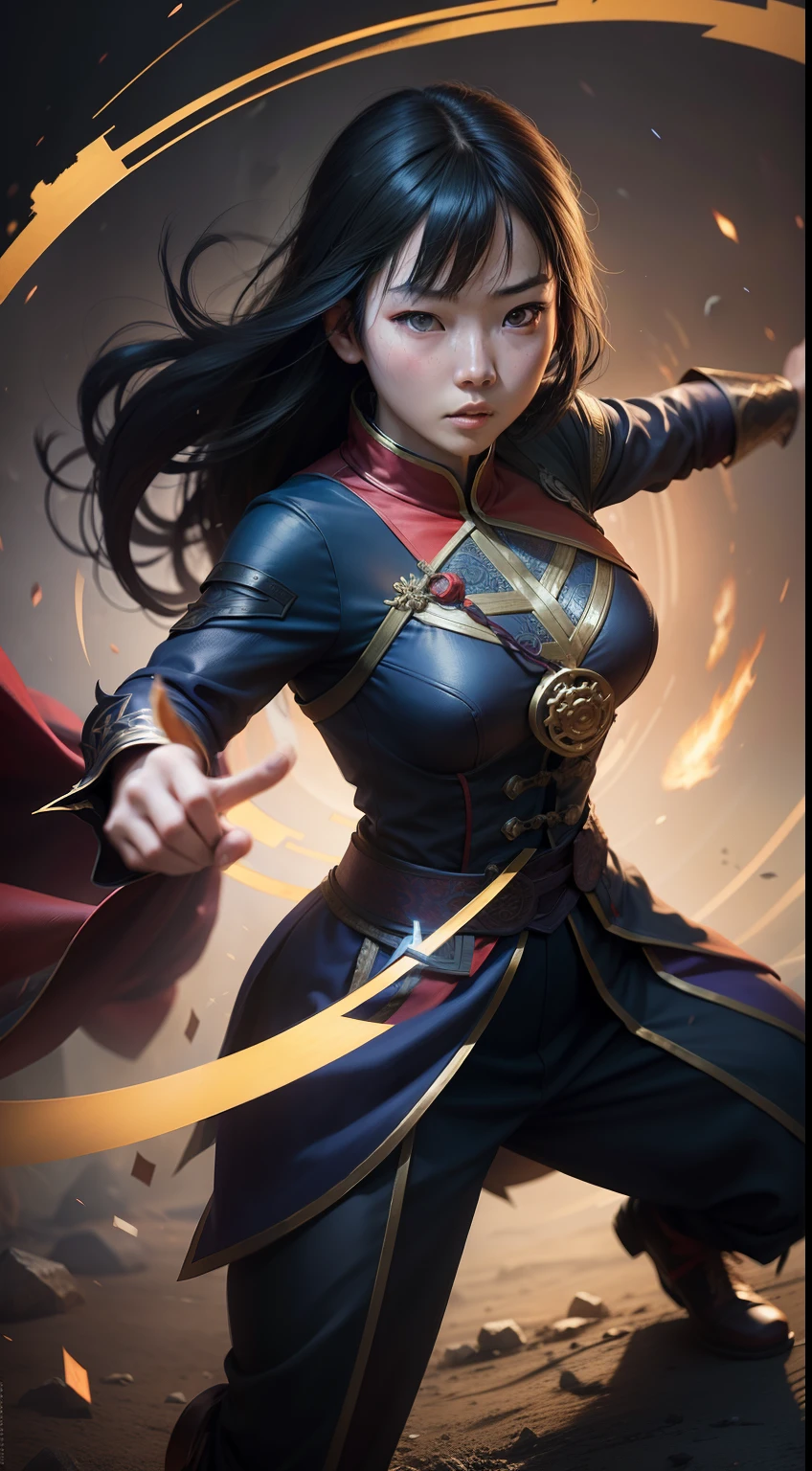 Chinese girl figured as a heroes of dr. Strange from mcu, full body showing, battle pose, caster a circle magic, realistic, focus light and shadow, high contrast, ultra detailed shot, full body potrait, cinematic, full hd 1080 pxl