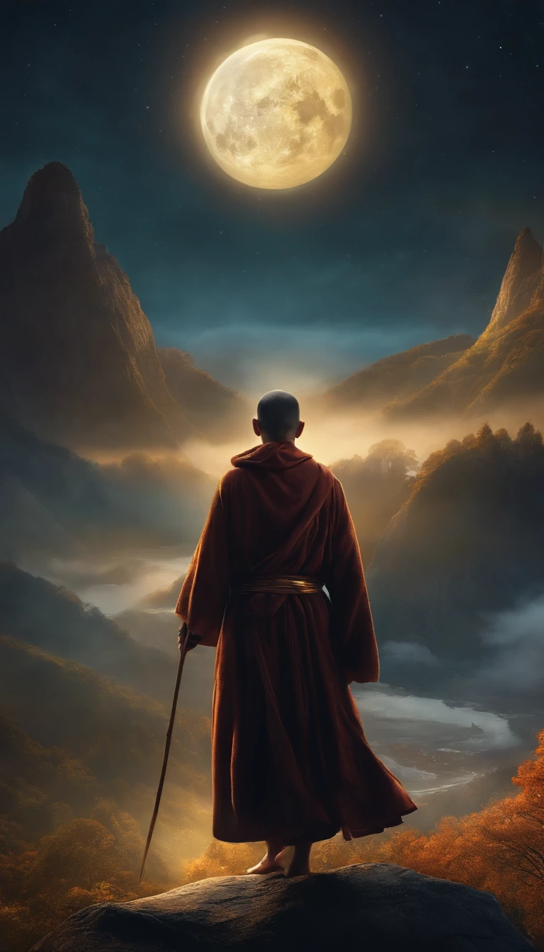 Masterpiece, Best quality, Ultra-detailed, illustration, 1 Buddhist monk, Solo, fantasy, Flying, broom, Night sky, Outdoors, magic, Spells, Moon, stars, Clouds, Wind, Cape, broom, Glowing, mysterious, Enchanting, Whimsical, Playful, Adventurous, Freedom, Wonder, imagination, Determination, skill, Speed, sport, energy, Realism, Naturalistic, Figurative, representational, Beauty, Fantasy culture, mito, Fairy tales, Folklore, legends, Witches, wizards, Magical creatures, Fantasy world, composition, scale, foreground, Middle ground, Background, Perspective, Light, Color, Texture, detail, Beauty, Wonder.
