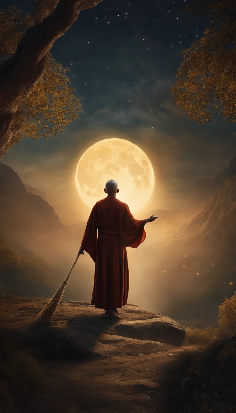 Masterpiece, Best quality, Ultra-detailed, illustration, 1 Buddhist monk, Solo, fantasy, Flying, broom, Night sky, Outdoors, magic, Spells, Moon, stars, Clouds, Wind, Cape, broom, Glowing, mysterious, Enchanting, Whimsical, Playful, Adventurous, Freedom, Wonder, imagination, Determination, skill, Speed, sport, energy, Realism, Naturalistic, Figurative, representational, Beauty, Fantasy culture, mito, Fairy tales, Folklore, legends, Witches, wizards, Magical creatures, Fantasy world, composition, scale, foreground, Middle ground, Background, Perspective, Light, Color, Texture, detail, Beauty, Wonder.