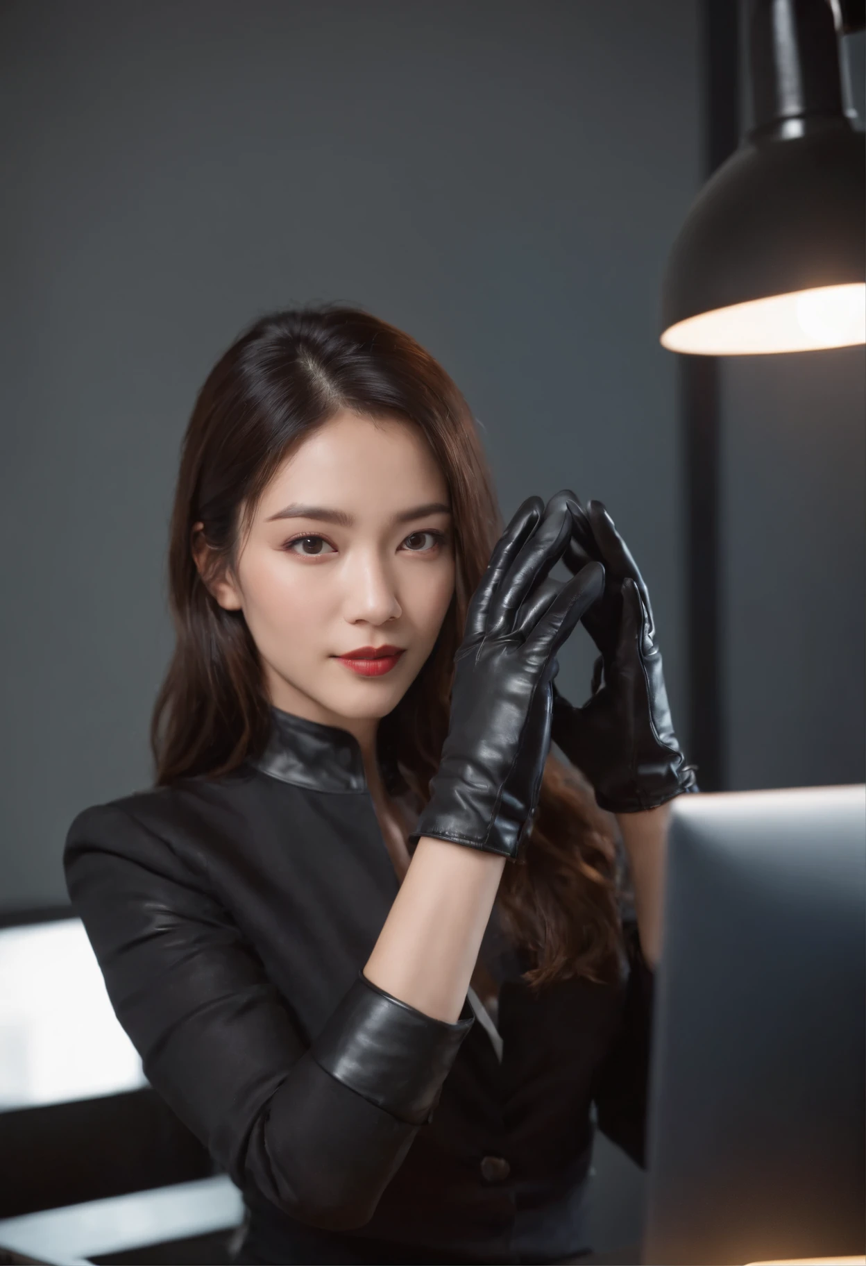 Wearing black leather gloves in both hands, upper body, black business suit, facing the desk in my room with a computer in the dark, operate the computer keyboard with the fingertips of black leather gloves while looking at the screen, long, black hair bundled in the back, Japanese female new employee (black leather gloves cover both hands) (angle is in the front)
