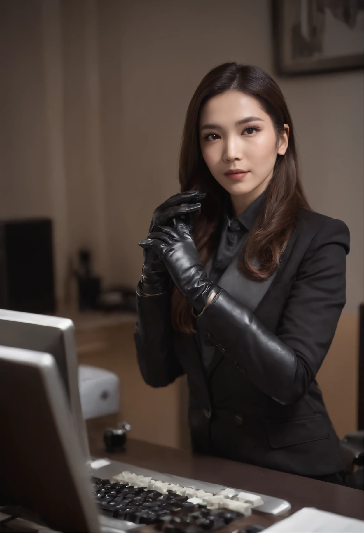 Wearing black leather gloves in both hands, upper body, black business suit, facing the desk in my room with a computer in the dark, operate the computer keyboard with the fingertips of black leather gloves while looking at the screen, long, black hair bundled in the back, Japanese female new employee (black leather gloves cover both hands) (angle is in the front)