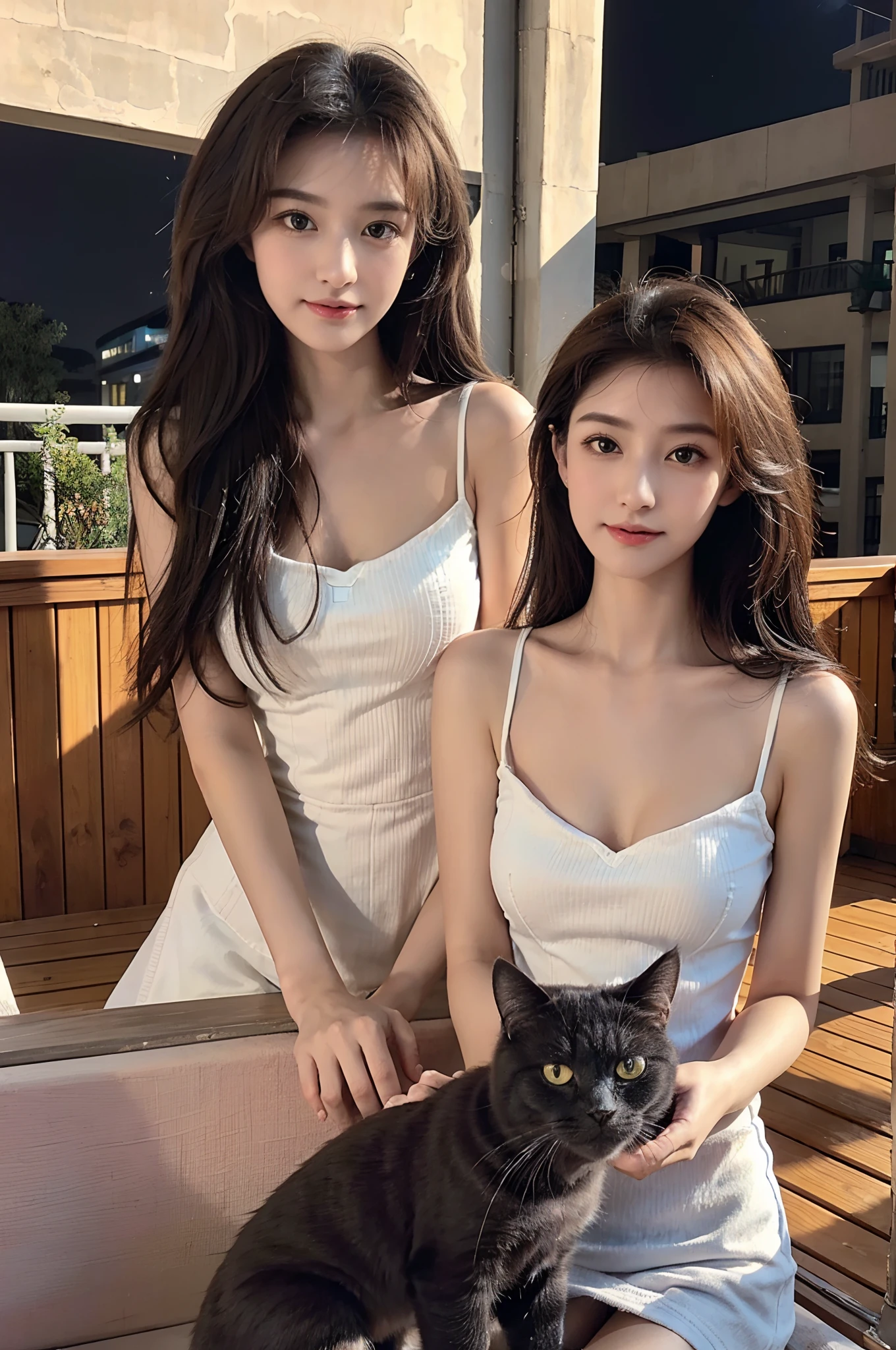 Cartoon, Disney style, oil painted, Intricate, Two adult cats,two kittens, on a rooftop, Can feature portraits, kindness, Beauty, softness, Big beautiful eyes, voluminetric lighting, Beautiful, rich deep color, Masterpiece, Sharp focus, Ultra detailed, astrophotography,ray tracing