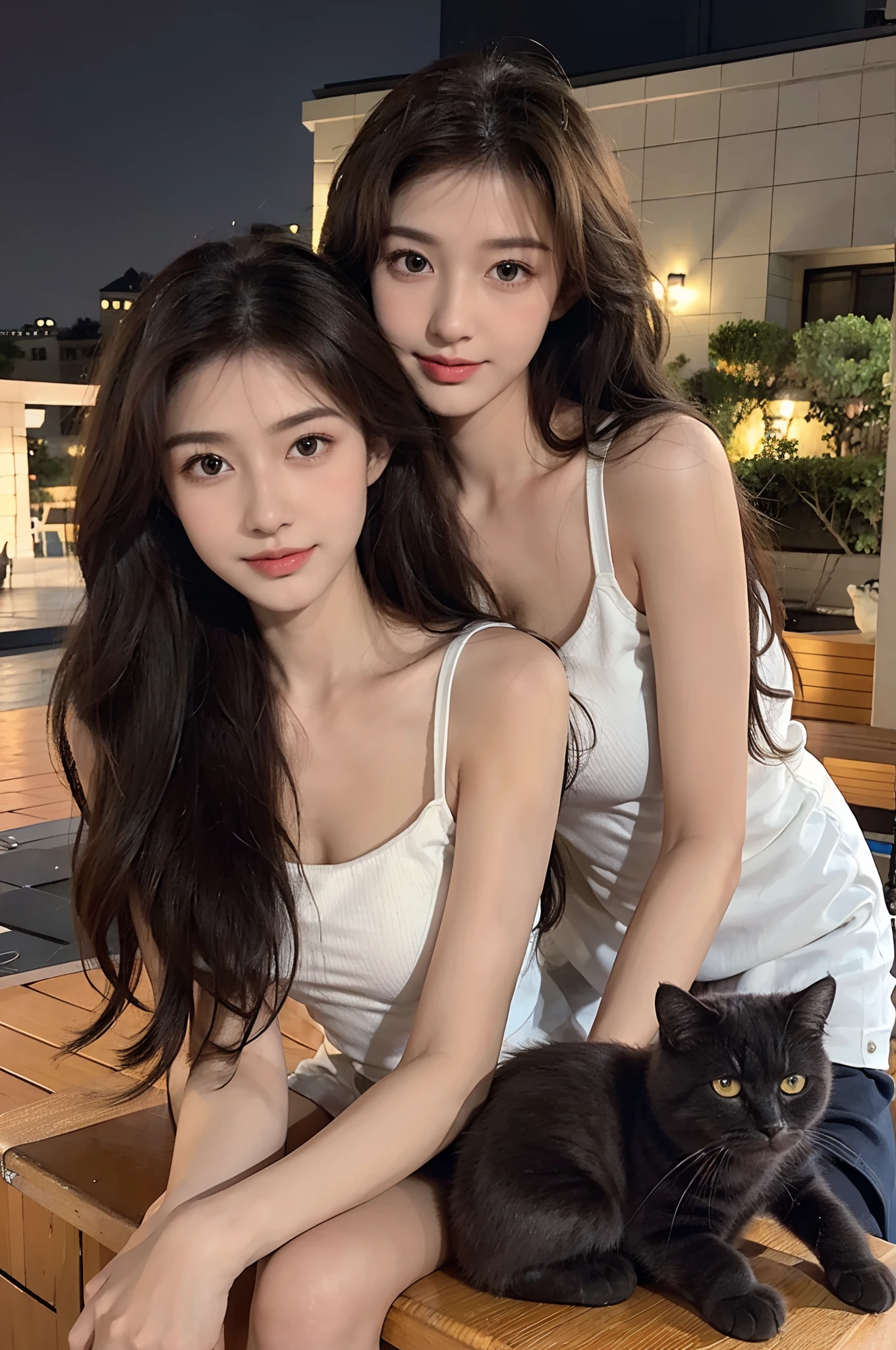 Cartoon, Disney style, oil painted, Intricate, Two adult cats,two kittens, on a rooftop, Can feature portraits, kindness, Beauty, softness, Big beautiful eyes, voluminetric lighting, Beautiful, rich deep color, Masterpiece, Sharp focus, Ultra detailed, astrophotography,ray tracing