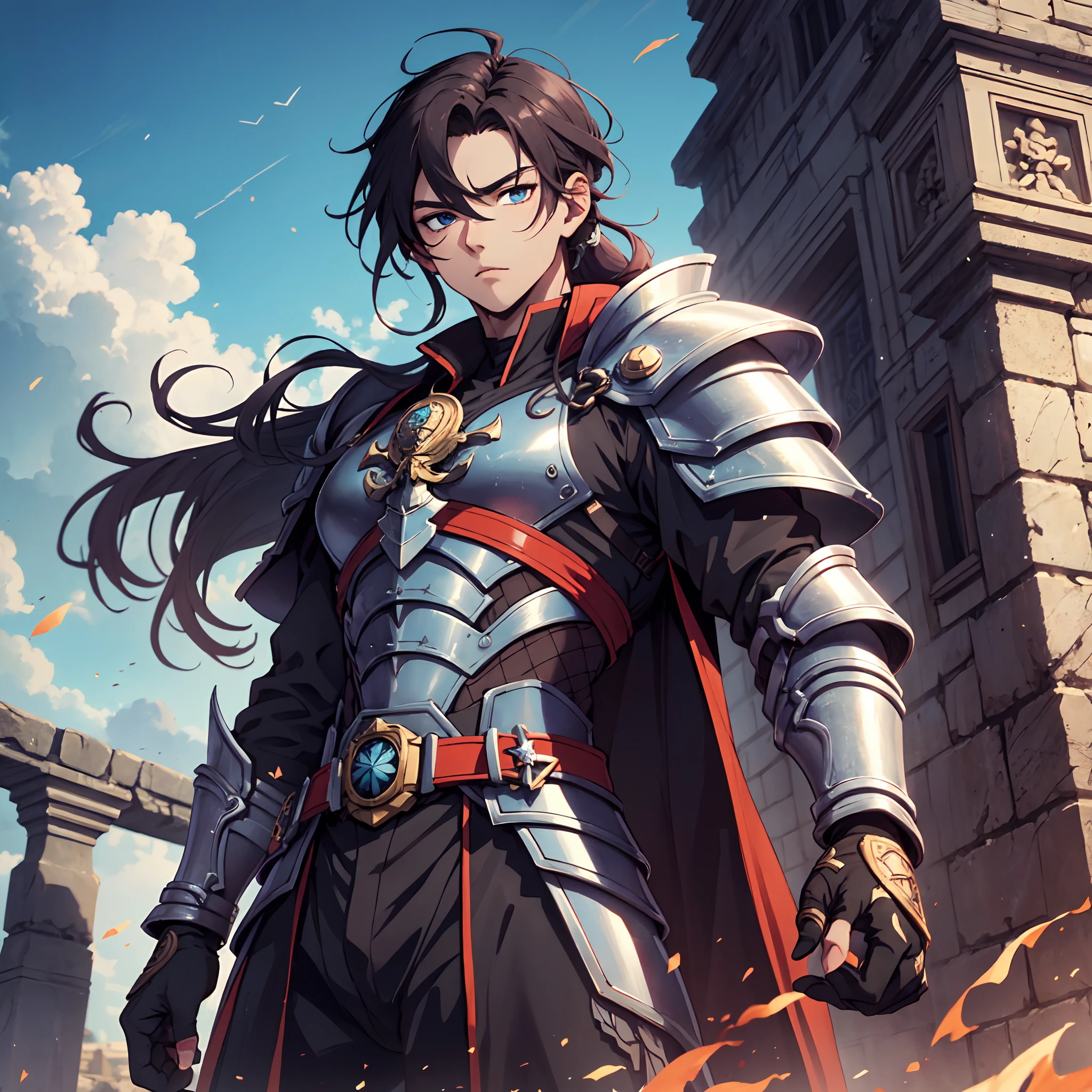 Ultra High Definition, Ultra High Quality, Extremely Detailed, Perfectly Detailed, Masterpiece, 8k, 1 Boy, Look A Like Xin From Kingdom Anime, Handsome, Equipped With All Solid Black Paladin Armor, Solid Light Blue Eyes, Long Red Hair, Body Shot, Ancient Kingdom Background