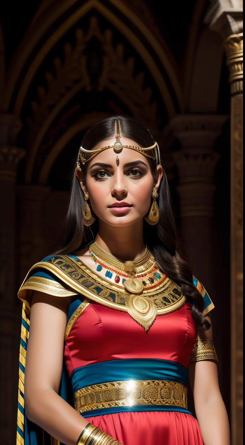 Reina Cleopatra,Ropa griega,hermosos ojos detallados,hermosos labios detallados,long eyeslashes,postura graciosa,confident expression,vestido ricamente decorado,Accesorios dorados,tocado elaborado,Joyas ornamentadas,cetro real,Palacio al fondo,Trono ricamente adornado,Ambiente sereno,colores vibrantes,stunning lighting,fotorrealista,historical portrait of Cleopatra,Pieza maestra:1.2