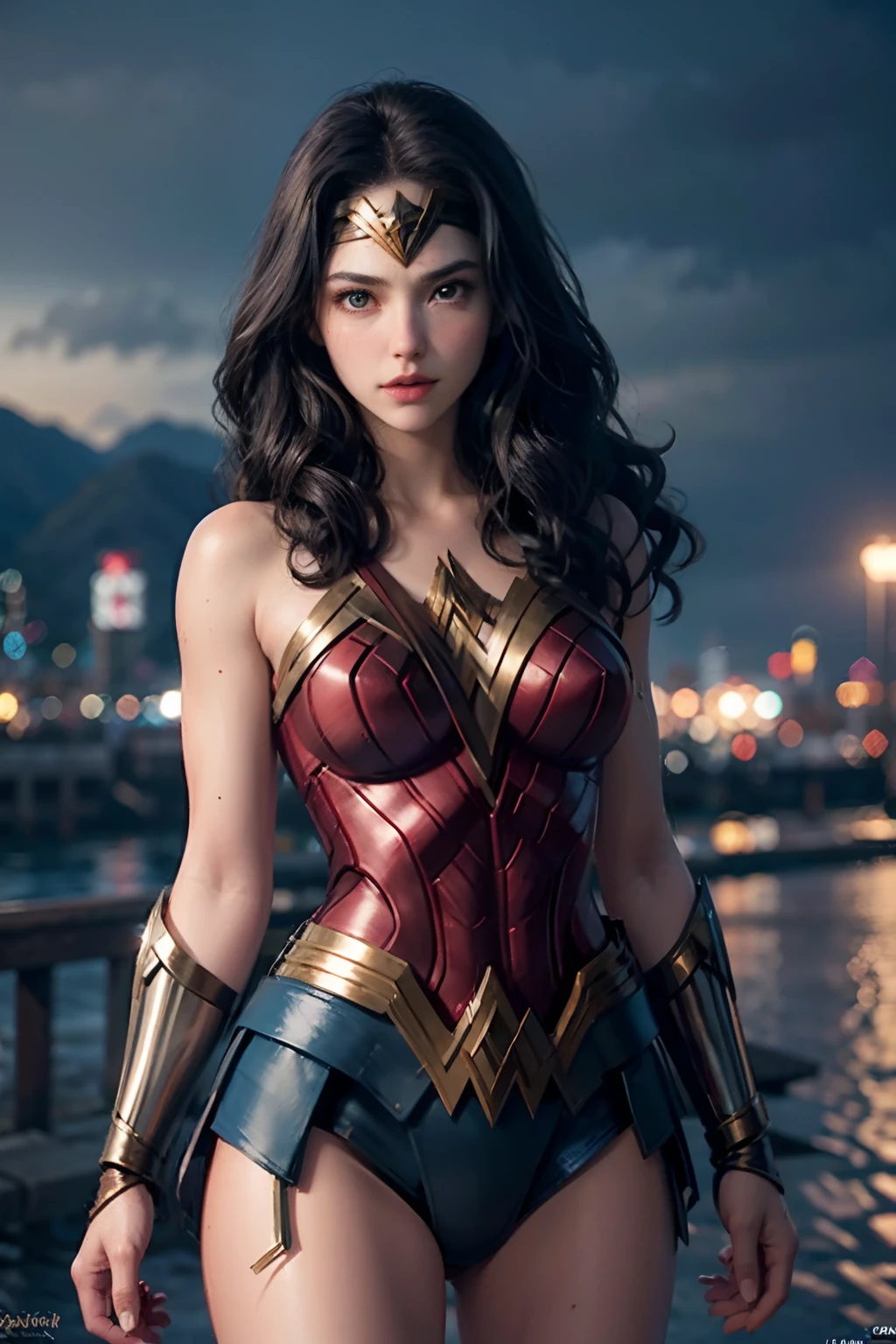 wearing wonder_woman_cosplay_outfit, in front of a sky, 
good hand,4k, high-res, masterpiece, best quality, head:1.3,((Hasselblad photography)), finely detailed skin, sharp focus, (cinematic lighting), night, soft lighting, dynamic angle, [:(detailed face:1.2):0.2], medium breasts, outside,