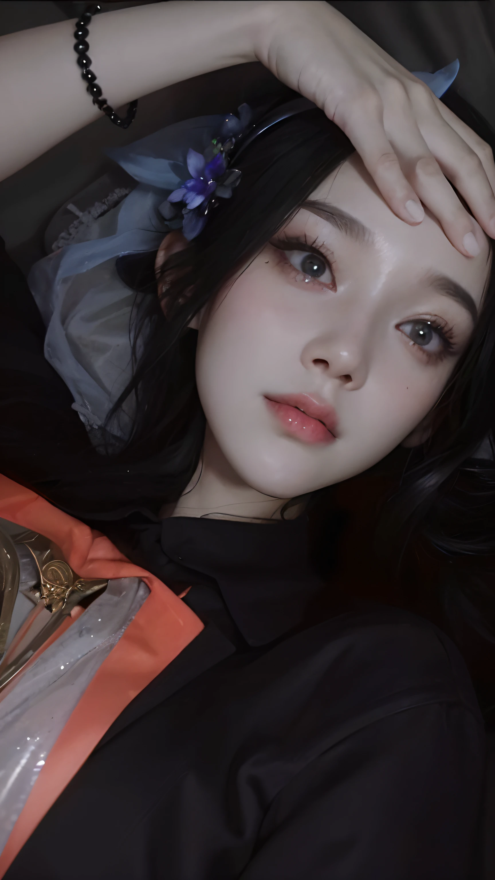 1girll,（enchanced quality：1.4），（Top quality true texture skin), Delicate face,Black hair, Gradient hair, Petite body,（perfect bodies：1.1）, There are precious stones on the forehead, rimless eyewears, Sparkling pupils，long eyelasher,grin, hyper photorealism, Cinematic lighting, projected inset, surrealism, hyper HD, Masterpiece, 16k，Lie down，dream on，Wear transparent silk pajamas,Carmelto,Legs slightly open，Tattooed with，Fantasy space，Luxurious space