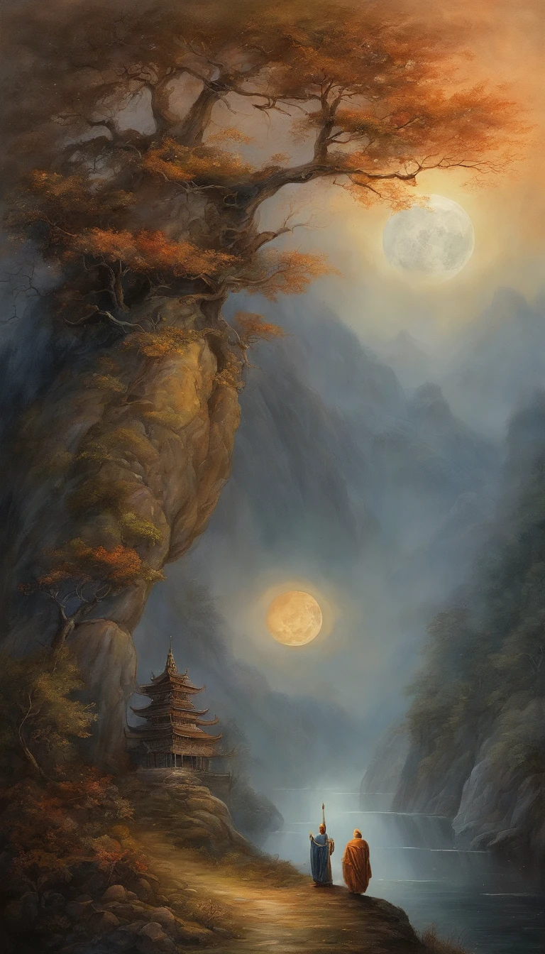 Masterpiece, Best quality, Ultra-detailed, illustration, 1 Buddhist monk, Solo, fantasy, Flying, broom, Night sky, Outdoors, magic, Spells, Moon, stars, Clouds, Wind, Cape, broom, Glowing, mysterious, Enchanting, Whimsical, Playful, Adventurous, Freedom, Wonder, imagination, Determination, skill, Speed, sport, energy, Realism, Naturalistic, Figurative, representational, Beauty, Fantasy culture, mito, Fairy tales, Folklore, legends, Witches, wizards, Magical creatures, fantasy world, composition, scale, foreground, Middle ground, Background, Perspective, Light, Color, Texture, detail, Beauty, Wonder.