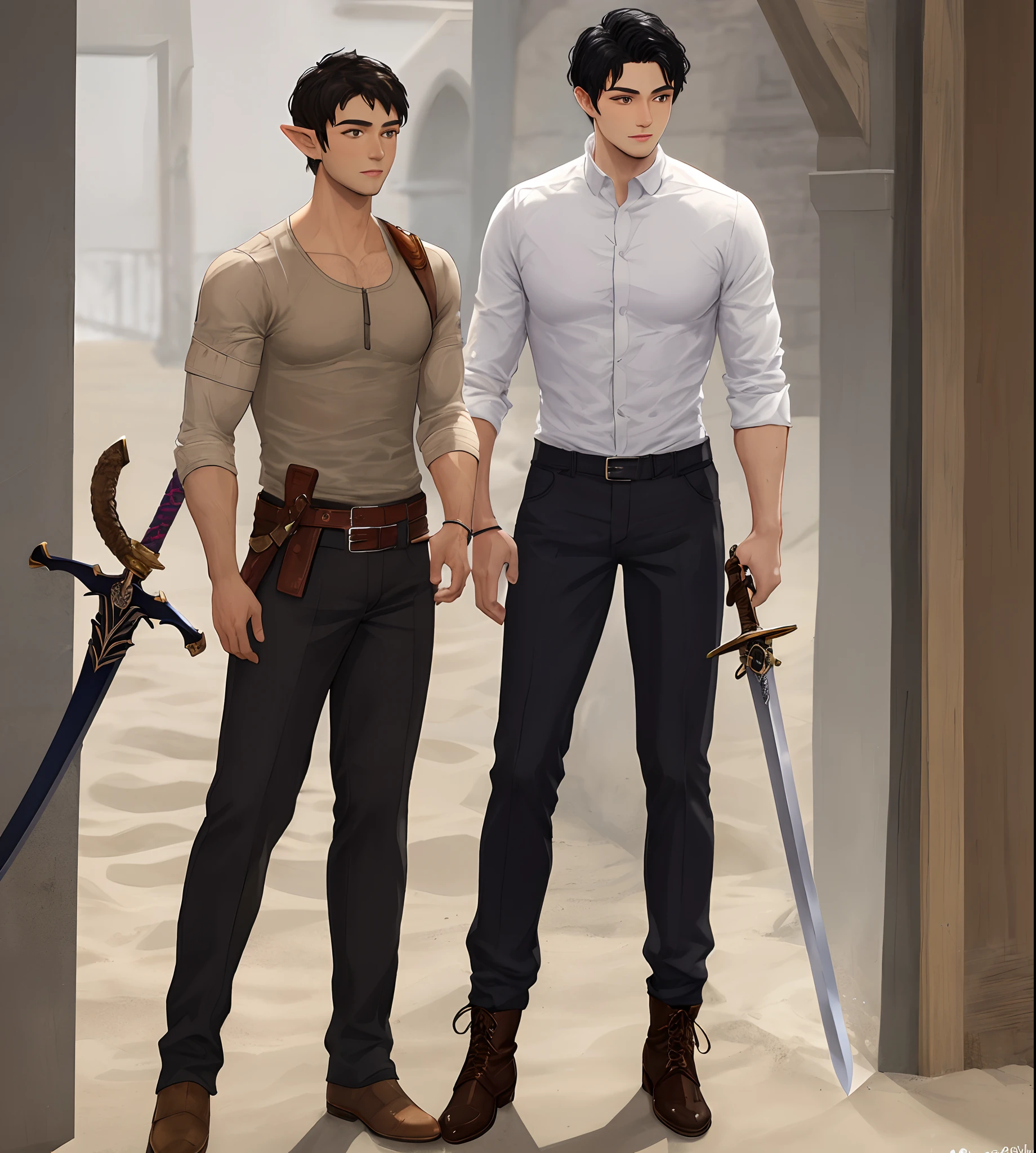 Man, elf-human hybrid, 33 years old, 1.70 meters tall, sand-colored skin, short black hair with some silver strands, medium brown eyes, reserved personality, discreet, mysterious and a little sarcastic, body with discreet muscles, necessary for a knight. He wears simple clothes, black pants, shirts and boots, as well as a sword with a purple stone embedded in the handle.