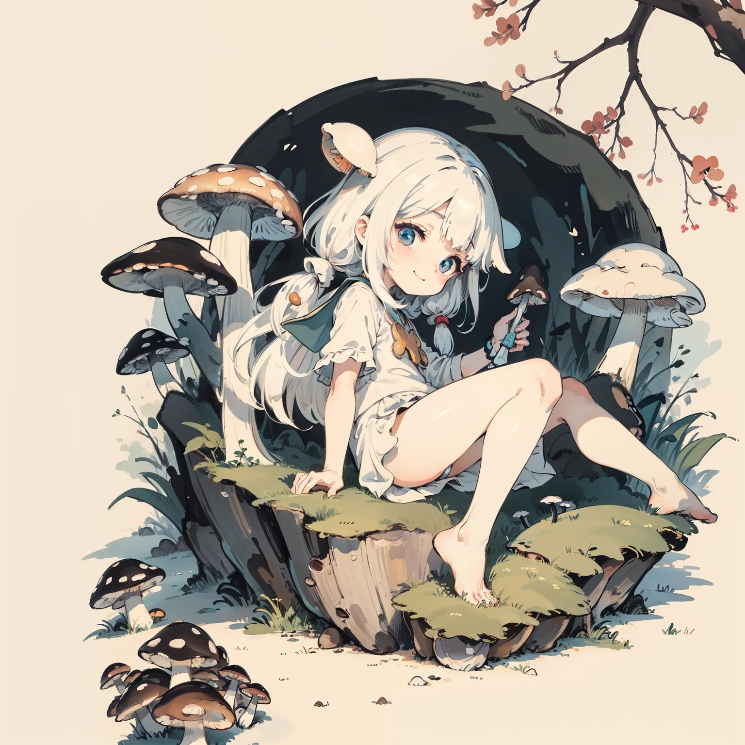 Simple drawing, Mushrooms and girls, tchibi, Cute, Big smile, Dark room, glowing mushrooms, Mushrooms + Mushrooms + Mushrooms + Mushrooms + Mushrooms, Mushrooms on the head, From the side Side，Watercolor illustration, Perfect anatomy, Masterpiece, Best quality, 1girll, Loli,， Solo, (with short white hair:1.2),Nature, landscape