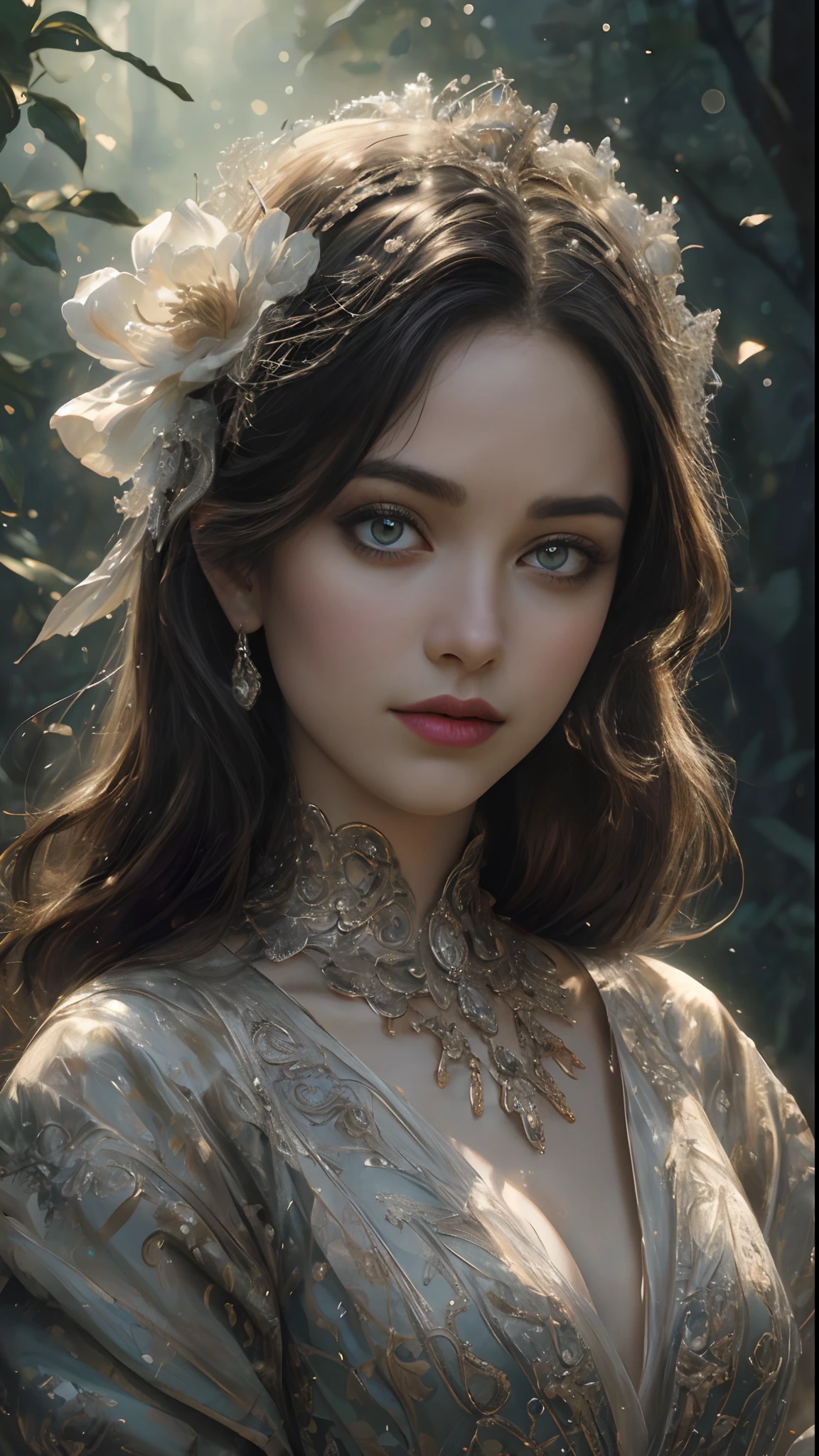 (Best quality, 4K, 8K, A high resolution, Masterpiece:1.2), Ultra-detailed, Realistic portrait, Beautifully detailed eyes, beautiful detailed lips, Detailed expression, Graceful posture, subtly lit, Dreamy atmosphere, Dark-toned background, expressive brush strokes, mystical ambiance, Artistic interpretation, Stunning Studio Ghibli style costumes, a whimsical illustration, Subtle colors and tones, mystical aura,Soft lighting,Details have been upgraded