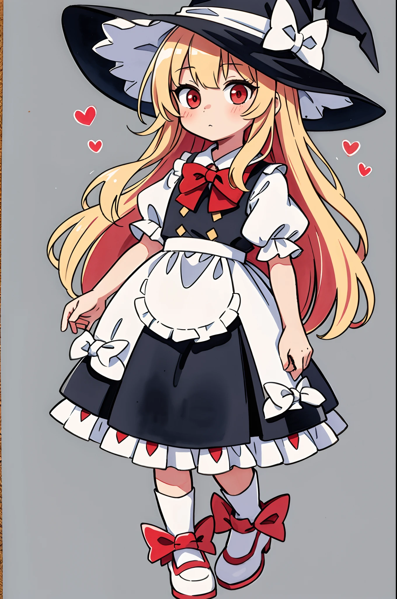 Best Quality,masutepiece,Traditional Media, marker_\(Medium\),Painting_\(Medium\),watercolor paiting_\(Medium\),It features a simple_Background,1girl in,Witch,Solo, Full body,Long hair, Blonde hair, Witch Hat,Red Eyes,Puffy sleeves,white_Bow,Dress,Red_Footwear,Bow, Short sleeves,long boots,