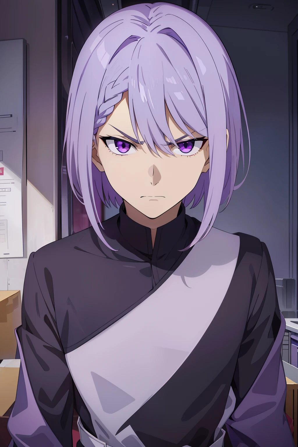 Has sharp purple eyes、Young man with lilac-gray hair. His left eye is obscured by his hair bangs、The hair on the other side is braided from a bob. Angry face.