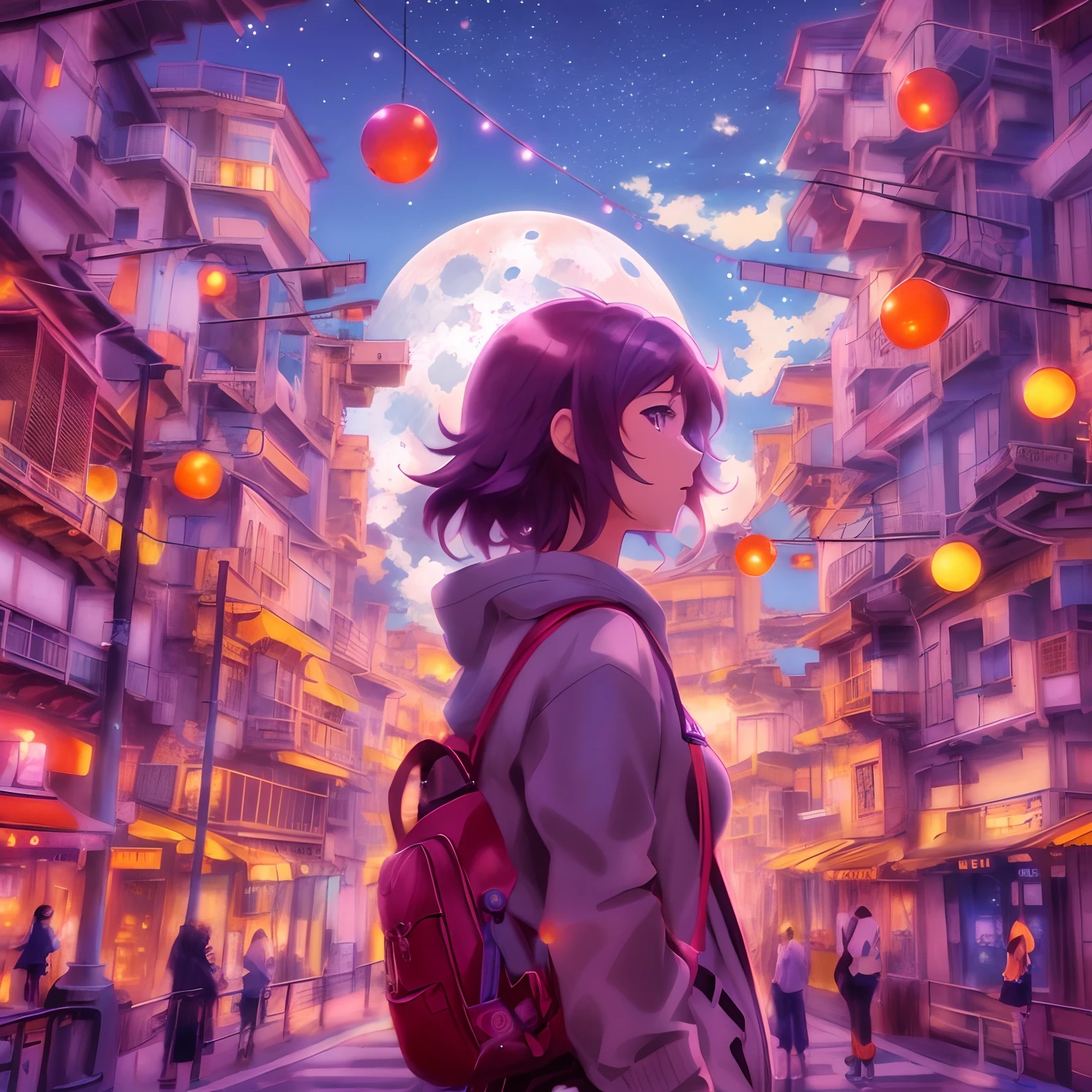 Anime girl with backpack watching moon in city, makoto shinkai cyril rolando, Anime art wallpaper 8k, anime style 4 k, anime art wallpaper 4k, anime art wallpaper 4k, anime style cityscape, inspired by Yuumei, 4k anime wallpaper, anime wallpaper 4 k, anime wallpaper 4k, by Yuumei
