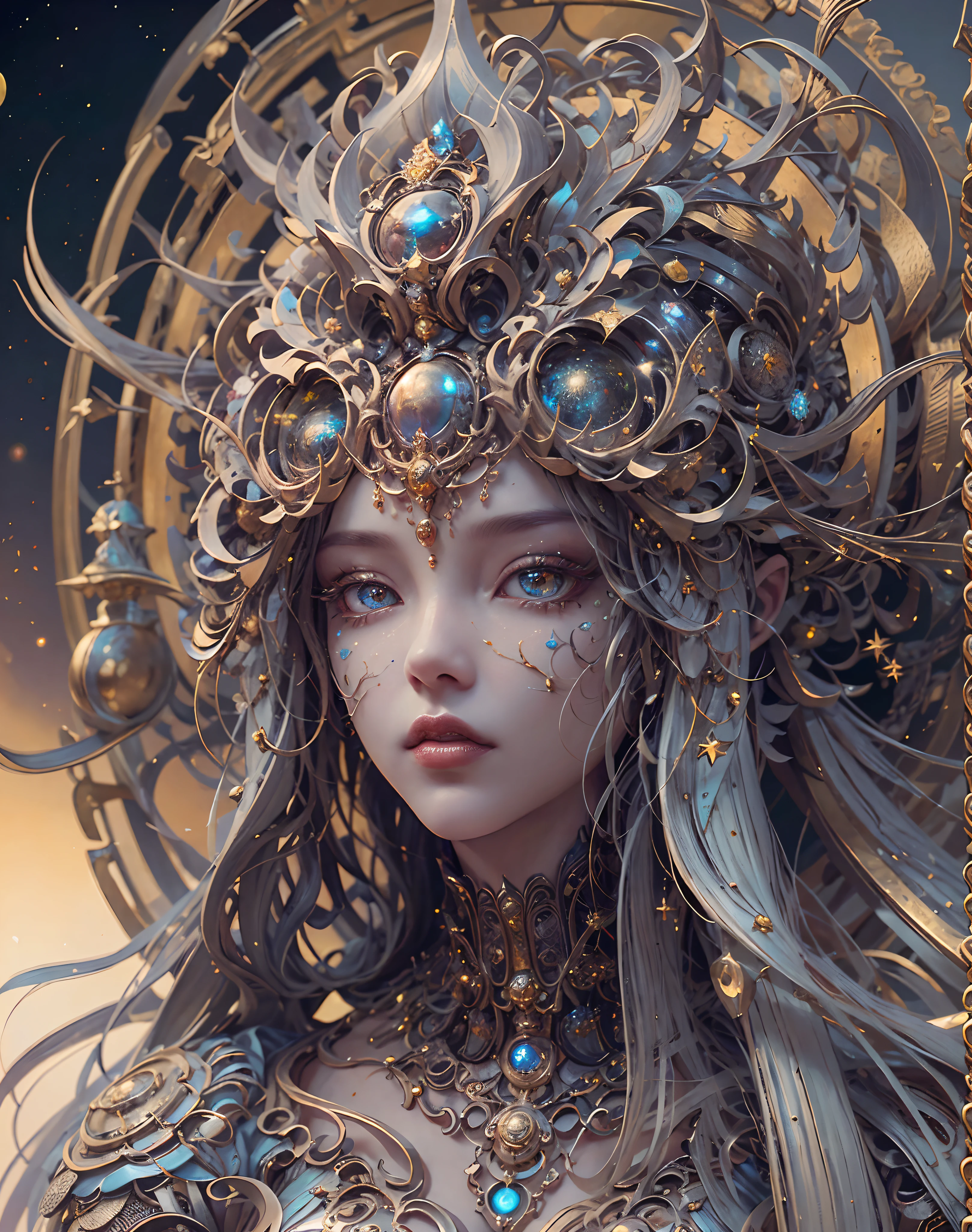 (best qualtiy,ultra - detailed,Most Best Illustration,Best shadow,tmasterpiece,A high resolution,professionalartwork,famousartwork),Eyes focus, Star sparkle particle around, Detailed eyes,beautidful eyes,closeup cleavage,sci-fy,colored sclera,Robot eyes,face markings,Tattooed with,(fractalized,Fractal eyes),largeeyes,Wide eyes,(Eye focus),sface focus,Cosmic eyes,Space eyes,Close-up of metal sculpture of a woman with a moon in her hair,goddes。extremly high detail,3 d goddess portrait,Extremely detailed footage of the goddess,a stunning portrait of a goddess,Side image of the goddess,portrait of a beautiful goddess,Full body close-up portrait of the goddess,hecate goddess,portrait of a norse moon goddess,goddess of space and time, sea art 2.1, goddess sea art 2.1, texture masterpiece, super detail, most perfect lighting, Asian Skin Tone