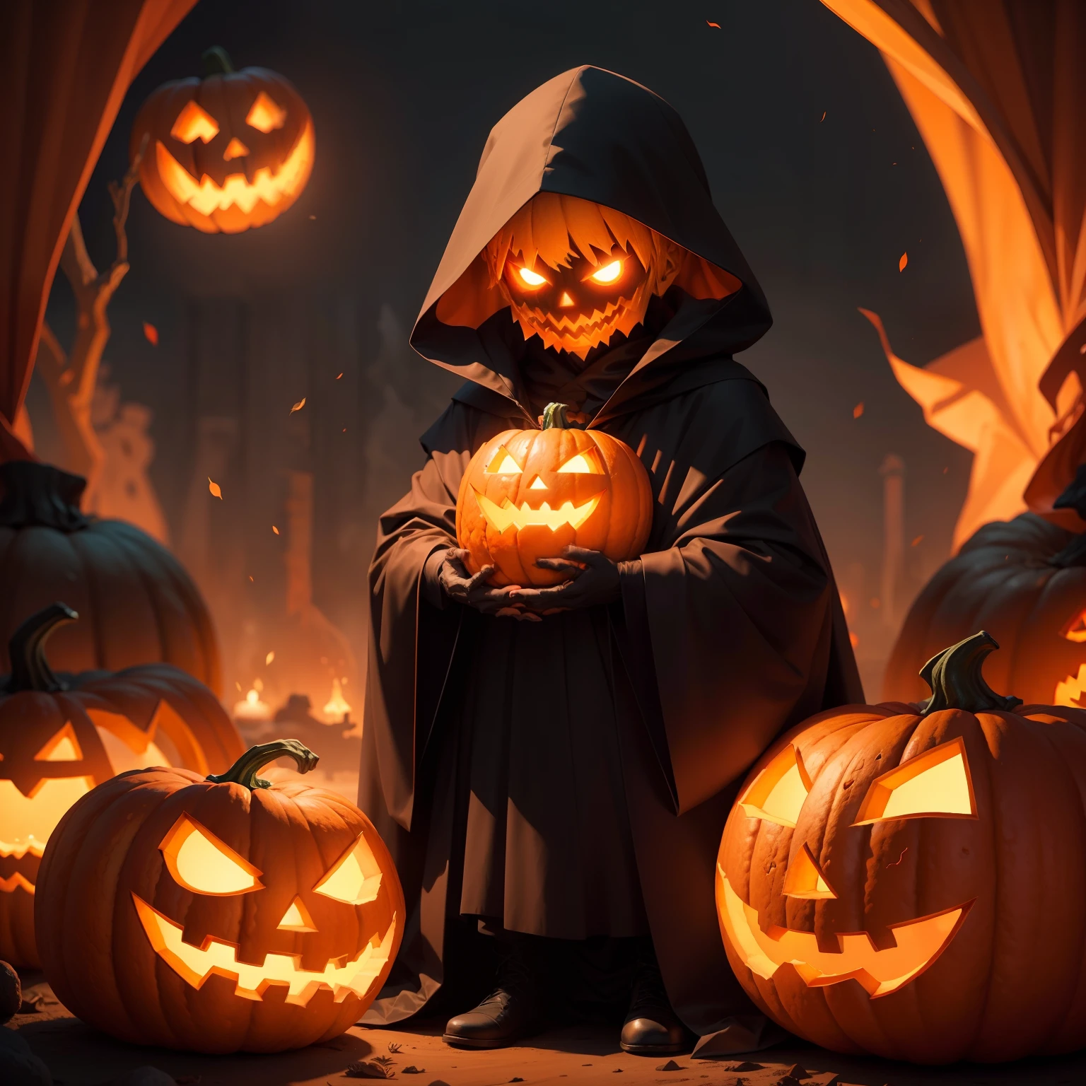 Jack-o'-lantern illustration、Monsters with human bodies、The head is a jack-o'-lantern、The costume is orange、Black cloak