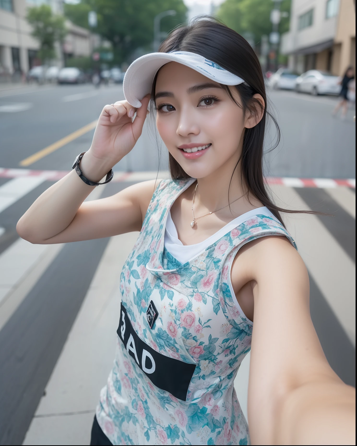 (Masterpiece :1.3)、(8k、Photo Realistic、RAW Photography、top-quality: 1.4)、super definition、anatomically correct、Textured skin、((((1girl、solo))))、((Shooting for one person only))、beautiful countenance、(realistic face)、(((Korean model(A dark-haired、Center division、Long:1.3))))、Chinese models(A dark-haired、Center division、Long:1.3)、More Korean than Chinese、realistic eyes、real looking skin、Beautiful details、Beautiful skins、shy smile、super high resolution、(hyper-realistic)、anatomically correct、Textured skin、Sharp jawline、perfect proportions 、((plump bust))、Necklace, looking at viewer, shoot from front,running cap,selfie,running wear,((Has a bib on his chest))