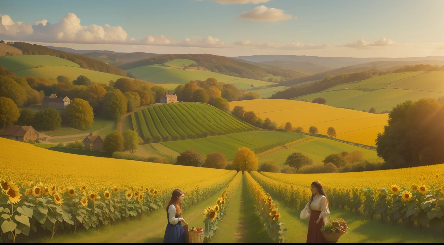 pre-raphaelite landscape ((no people)) representing the month of ((september)), Falling Leaves, Apple Picking, Harvest Festivals, Sunflowers, Grape Harvest, Equinox. ((wide shot)) ((in the style of "OMITB")) ((cinematic style))