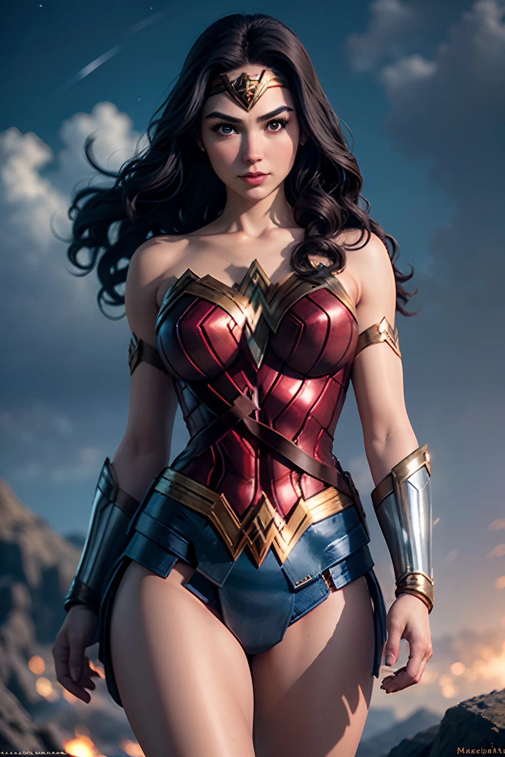 wearing wonder_woman_cosplay_outfit, in front of a sky, 
good hand,4k, high-res, masterpiece, best quality, head:1.3,((Hasselblad photography)), finely detailed skin, sharp focus, (cinematic lighting), night, soft lighting, dynamic angle, [:(detailed face:1.2):0.2], medium breasts, outside,