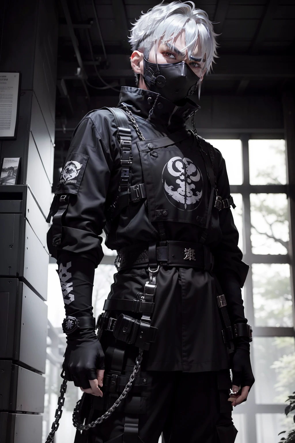 masutepiece、超A high resolution、Powerful images、8K、scene inside forest、Upper body view、eighteen-year-old boy Silver hair color、Head shaved to the side、macho、Black ninja costume、chain mail、Niō Standing、Angry look、Wearing a white haori、