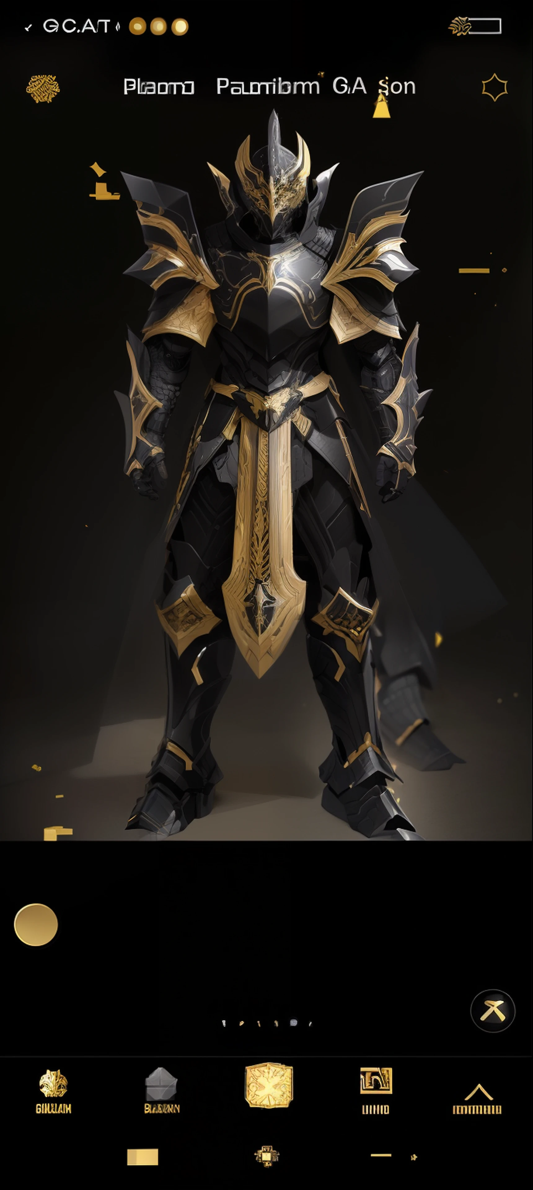 a close up of a person in armor with a phone, black and golden armor, black and gold armor, epic paladin armor, paladin armor, heavy white and golden armor, heavy gold obsidian armor, minimal design armor style, dark soul armor concept, elegant armor, very stylish fantasy armor, pale black armor, gold obsidian armor, detailed fantasy armor