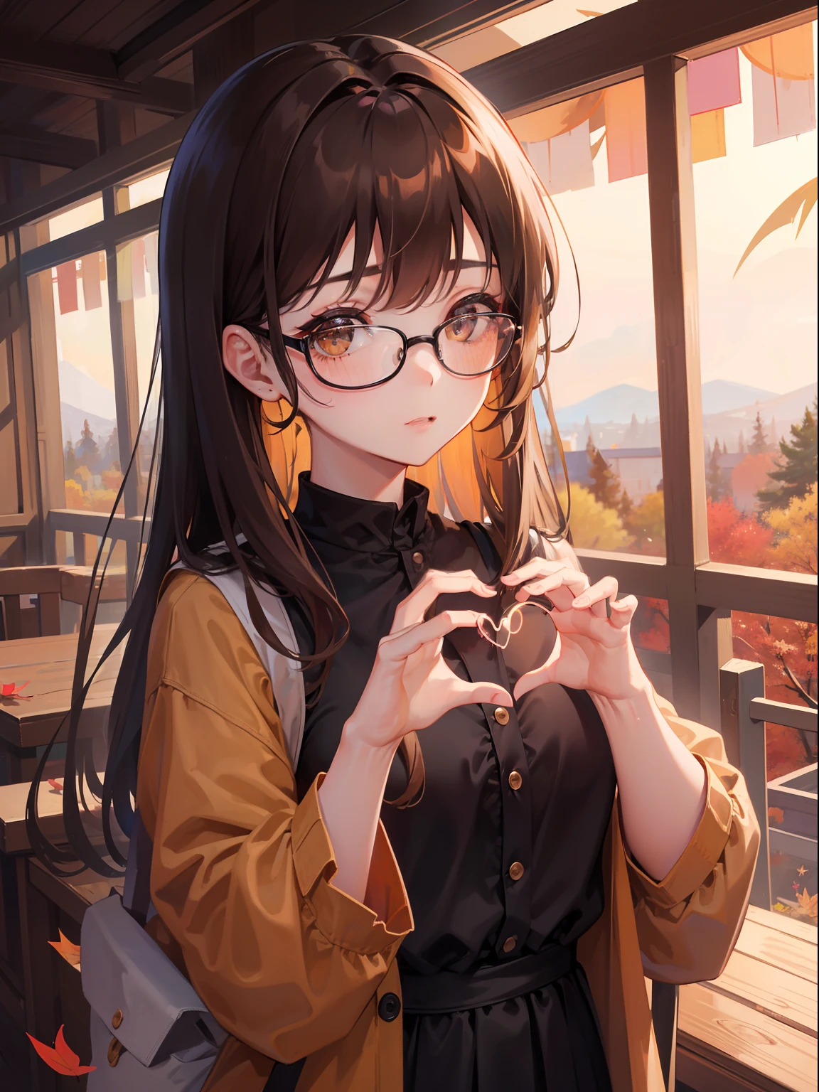 1人の女性、brown haired(Curta)、Brown eyes、Black-rimmed glasses、 Best Quality、ultra-detailliert、8K resolution、Raw photo、masutepiece、gorgeous faces、Perfect body、Autumn landscape、Making a heart with both hands