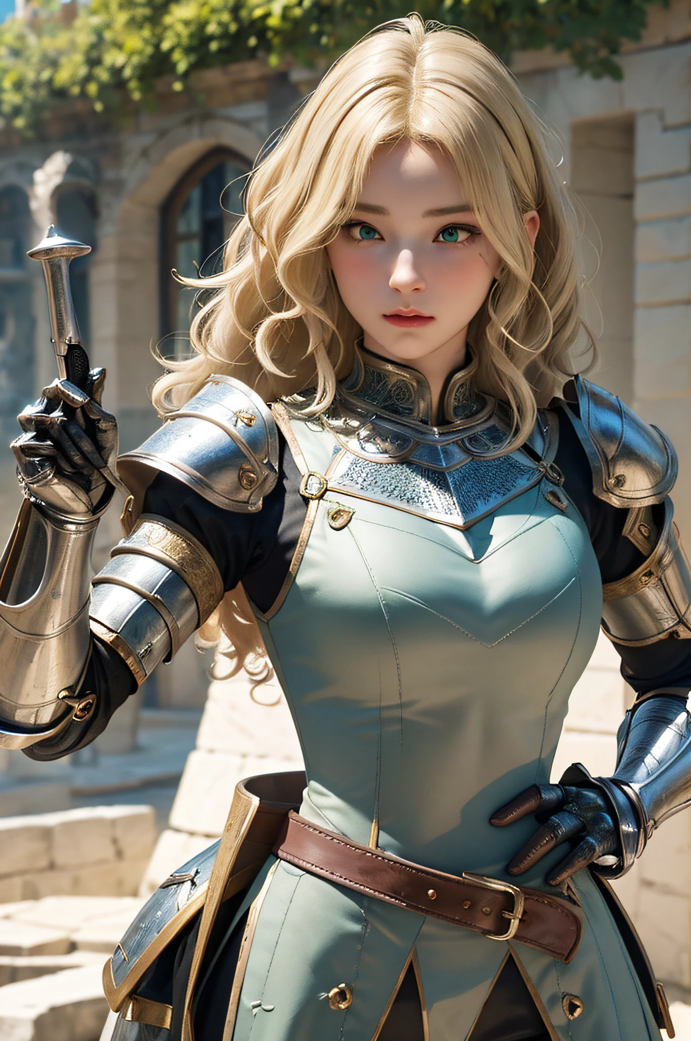 1girl, masterpiece, best quality, 8k, detailed skin texture, detailed cloth texture, beautiful detailed face, intricate details, ultra detailed, a european girl, green eyes, blonde curly hai, 3D character, Medieval Knight