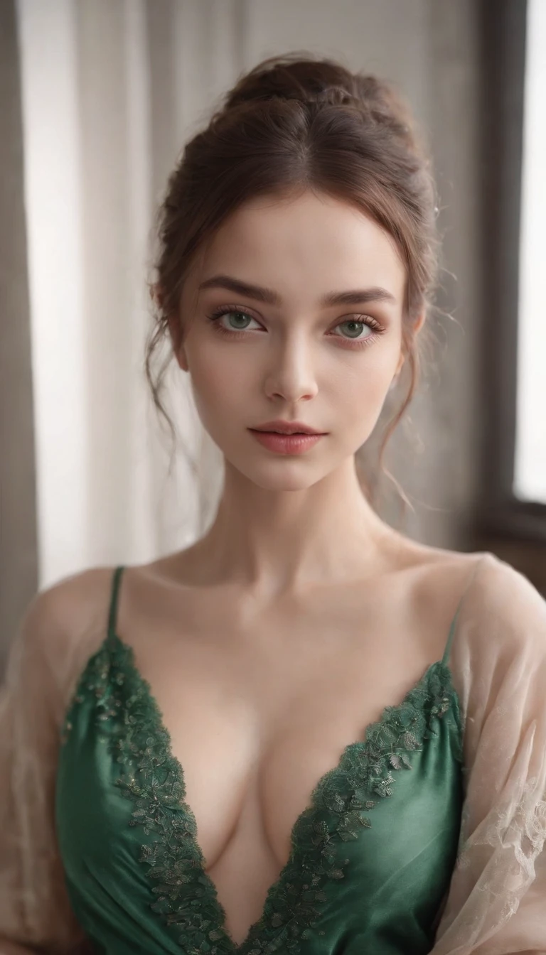 Alafed woman holding necklace, Sexy girl with green eyes, Portrait Sophie Mudd, brown hair and large eyes, selfie of a young woman, bedroom eyes, Violet Myers, without makeup, Natural makeup, Looking directly at the camera, face with artgram, subtle makeup, Stunning full-body shots, Pierced green eyes, No bra,pearls、small tits、very small breasts