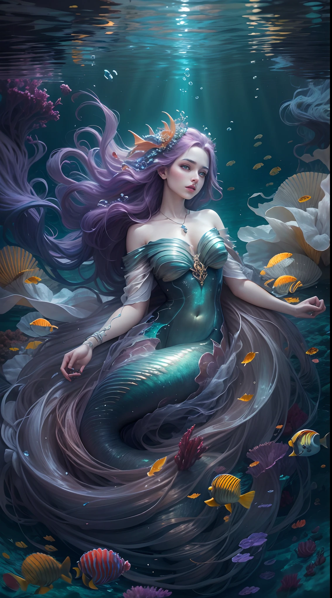 ocean floor,(depth of fields),A mermaid,long whitr hair,Ethereal beauty,peacful,tropical fishes,jelly fish,the reef。Vibrant colors,dreamlike lighting.Best quality,A high resolution,Masterpiece:1.2.