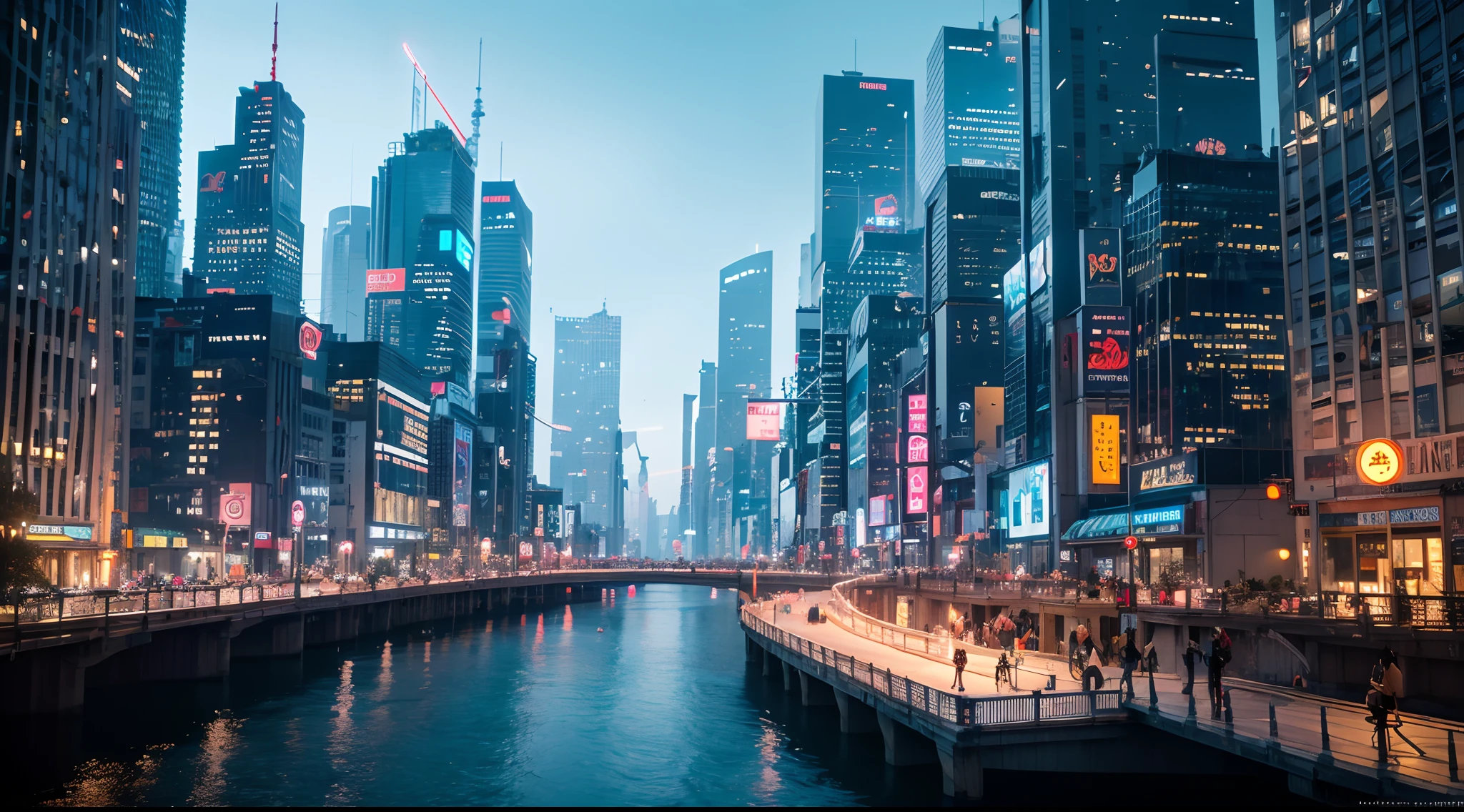 Futuristic Cyberpunk City with river, scenography, fantastical scenes, insane details, levitating, trending on ArtStation.