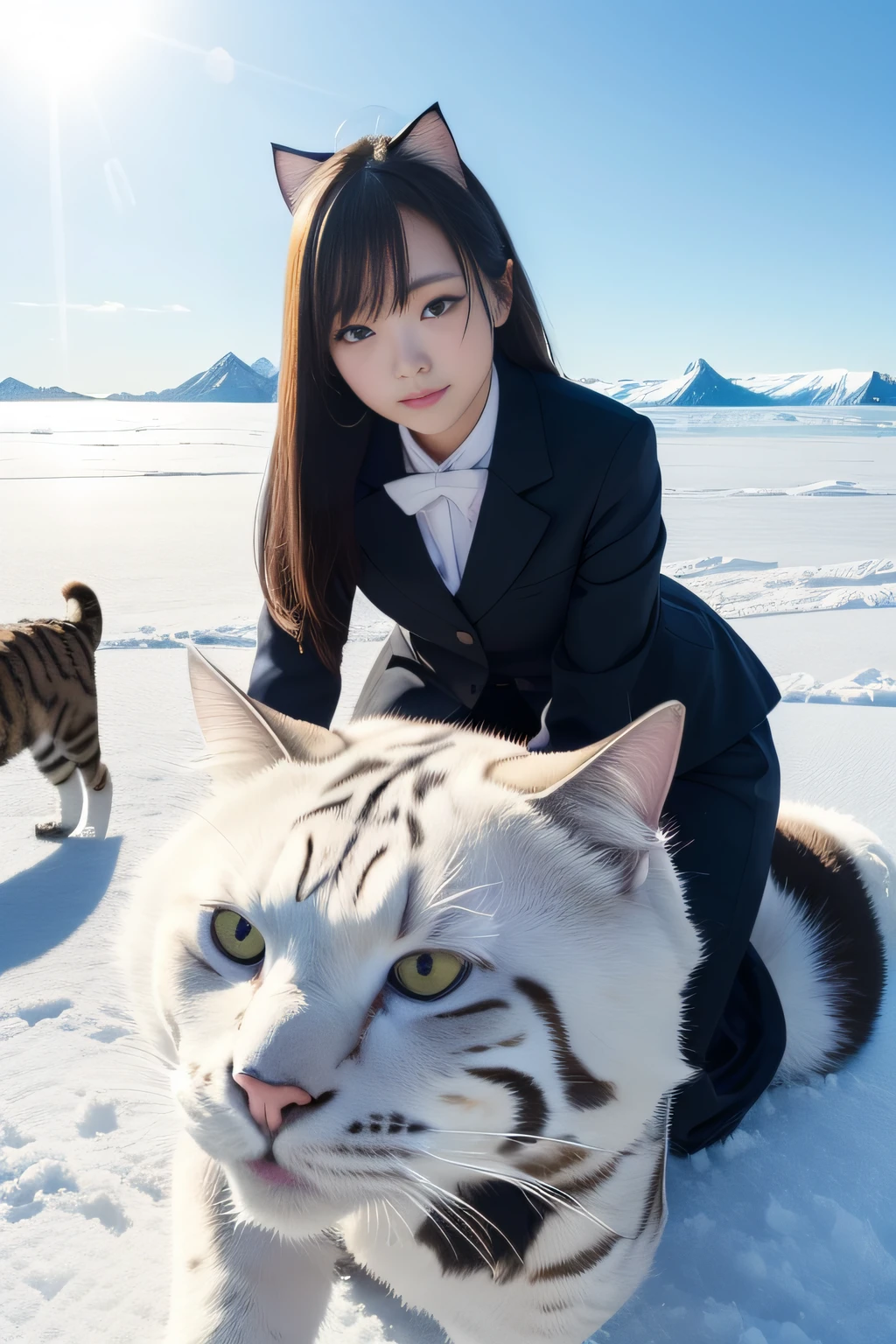 best qualtiy、masutepiece、超A high resolution、(Photorealistic:1.4)、infp young woman、modeled、small head、long legged、Colossal tits、the perfect body、By Michelangelo、ulzzang -6500-v1.1、Antarctica in winter、Frozen sea、Ice-only background、It snows a lot、Cat sledding、(Big cat:1.4)、(Many cats:1.4)、japanese hight school uniform