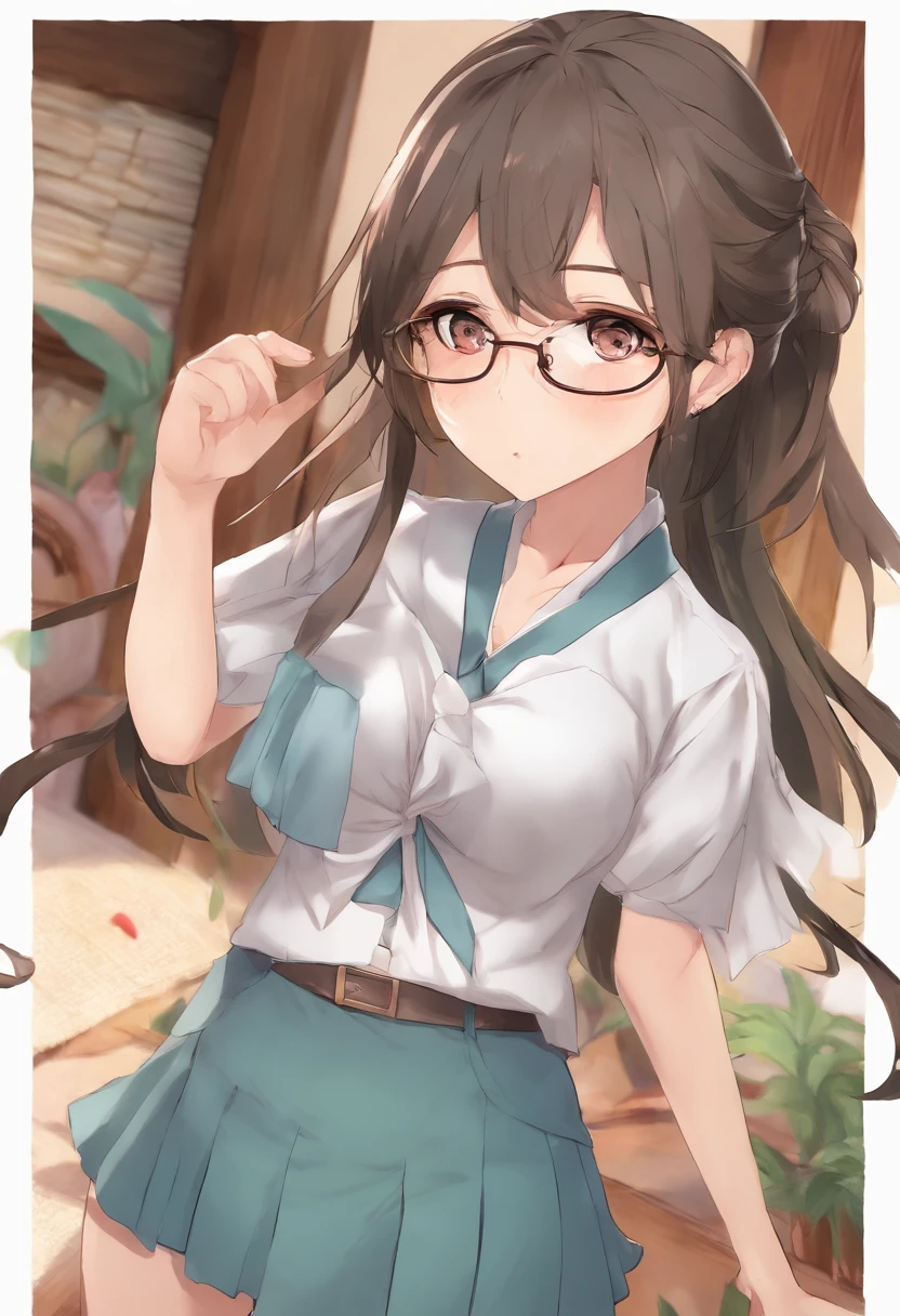 Korean girl, school uniform, tight skirt, tight shirt, glasses, manhwa girl, large breasts,open shirt, showing breasts, full body, shy, blushing, ponytail