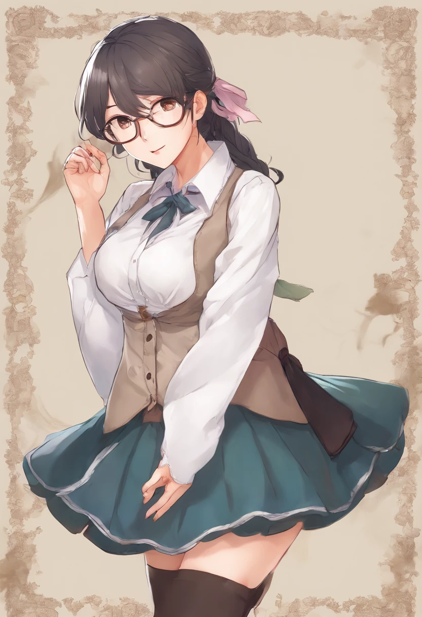 Korean girl, school uniform, tight skirt, tight shirt, glasses, manhwa girl, large breasts,open shirt, showing breasts, full body, shy, blushing, ponytail