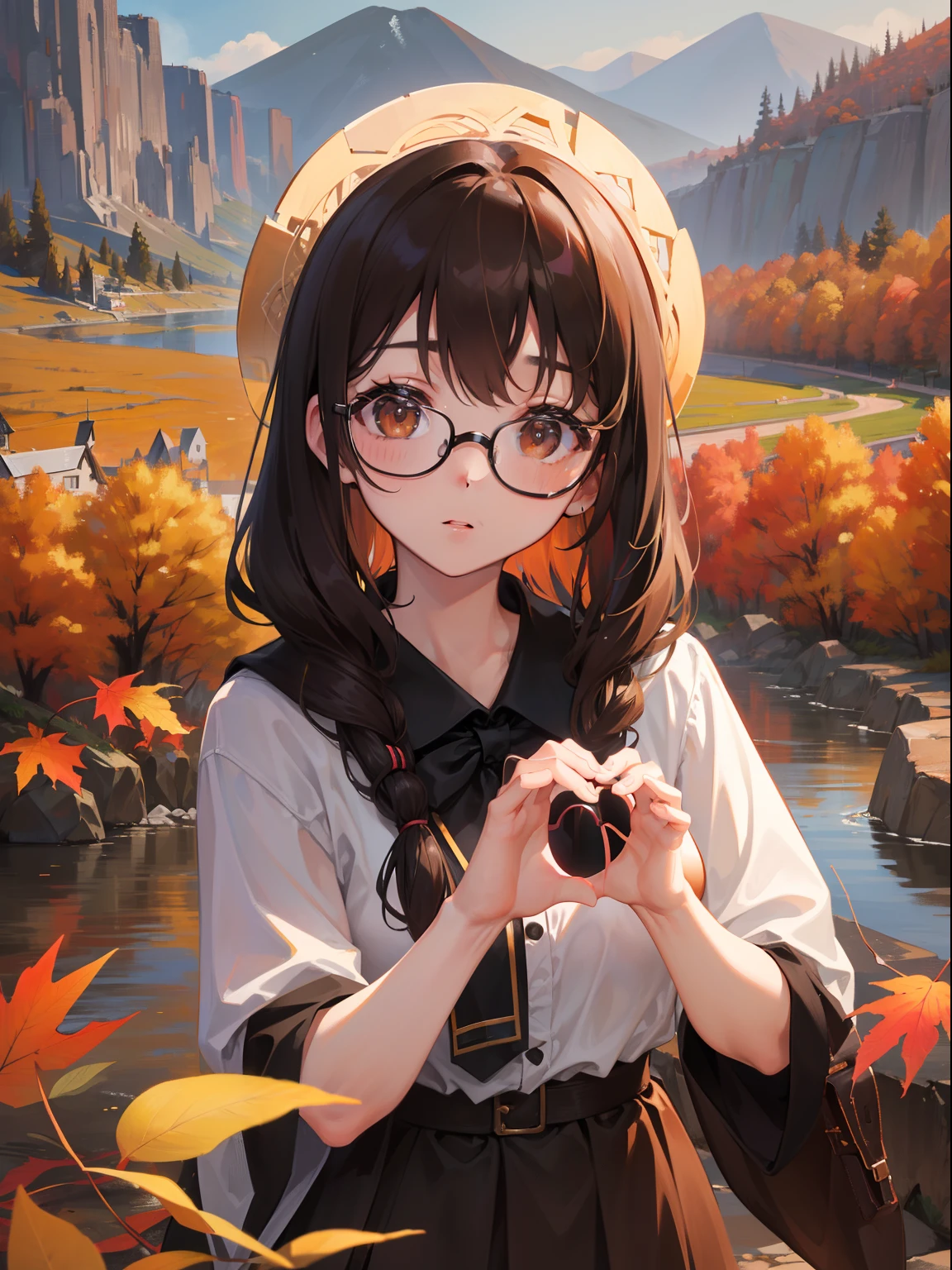1人の女性、brown haired(Curta)、Brown eyes、Black-rimmed glasses、 Best Quality、ultra-detailliert、8K resolution、Raw photo、masutepiece、gorgeous faces、Perfect body、Autumn landscape、Making a heart with both hands