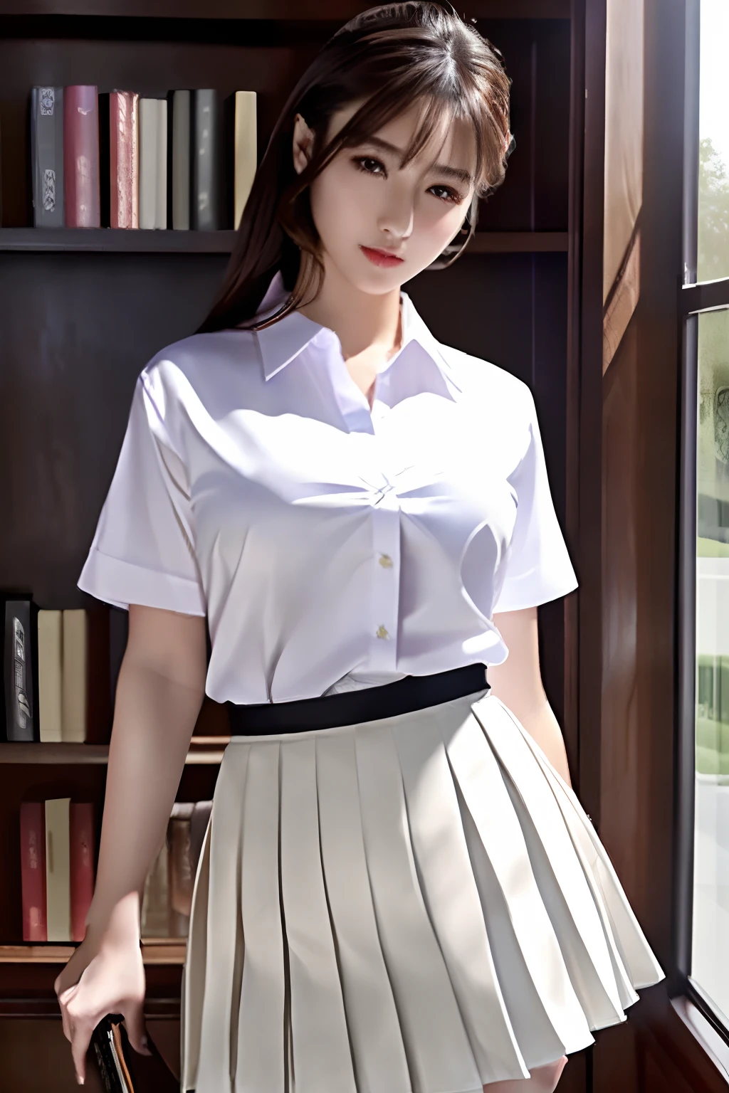 ​masterpiece, top-quality, 超A high resolution, (Photorealsitic:1.4), beautiful  lighting, RAW Photography, 8k UHD, Super detailed face, Realistic lightning, beautiful a girl, Sweet girl, ((Wearing a white shirt and a long pleated skirt)), longshot, full of shyness, Hide your face behind a book, Indoors,