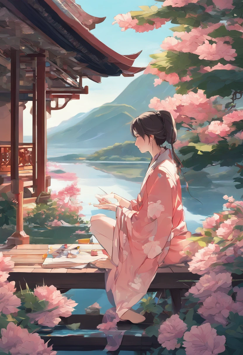 best quality, masterpiece, extremely detailed, detailed background, detailed eyes, anime, 1girl, beautiful eyes, young girl, long hair girl, expressive face, kimono, retro, mount fuji lansdscape, outdoors, sunset, beautiful sky, lake picnic, landscape, scenery, horizon, mountain sitting near mountain, wind, flower petal, spring, looking away, atmospheric lighting, reflection, naturalistic, detail, realism. relaxation, beauty, solo focus, close up, from side, depth of field, bokeh