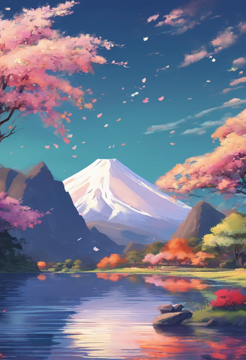 best quality, masterpiece, extremely detailed, detailed background, detailed eyes, anime, 1girl, beautiful eyes, young girl, long hair girl, expressive face, kimono, retro, mount fuji lansdscape, outdoors, sunset, beautiful sky, lake picnic, landscape, scenery, horizon, mountain sitting near mountain, wind, flower petal, spring, looking away, atmospheric lighting, reflection, naturalistic, detail, realism. relaxation, beauty, solo focus, close up, from side, depth of field, bokeh