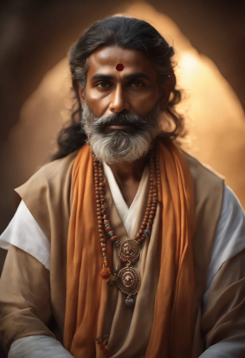 "A person resembling an Indian babaji, mature personality, confident look, priest, rishi, monk, yogi, spritual guru, he looks like mixers of australoid and negro race, indian, he has captured in a medium shot, sparks, glossy, dust particles, 3D look, sunshine, feathers, HD, flowers, studio, digital studio, Glowing hair, glossy eyes,((ultra realistic:1.8)),((Best quality)), ((Masterpiece)),((Detailed)),RAW, (Upper body shot:1.3),(Full body portrait:1.2)."