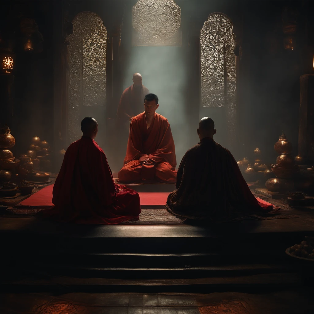 Men in robes and monks pray in a lotus pose, author:Fang Congyi, Fantasy art, (Dark atmosphere:1.5), Cinematic, Intricate, degrees of freedom