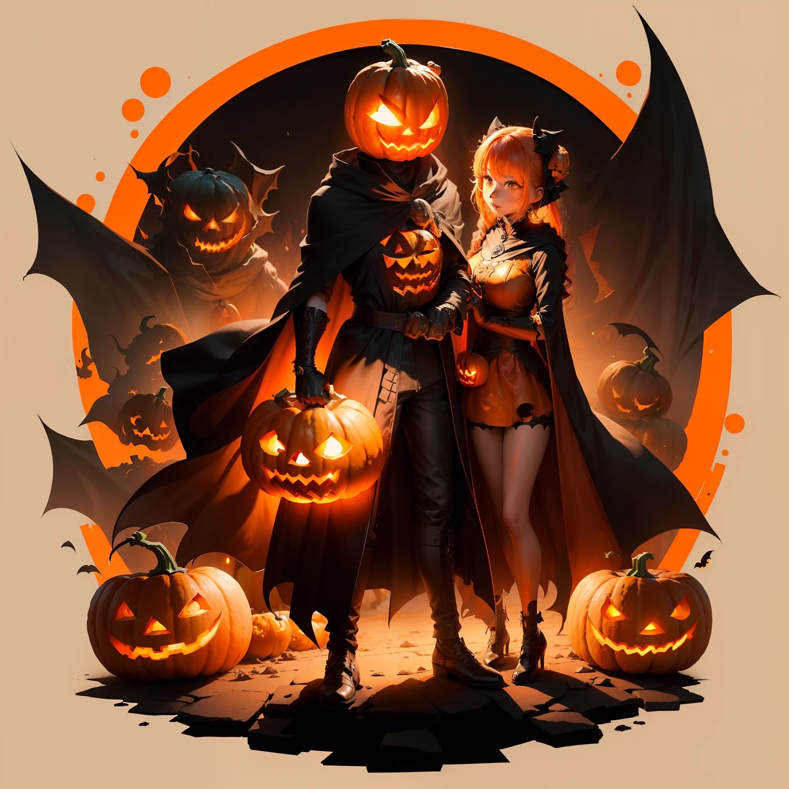 Jack-o'-lantern illustration、Monsters with human bodies、(The head is a jack-o'-lantern:1.5)、The costume is orange、Black cloak、Sickle in hand、full body