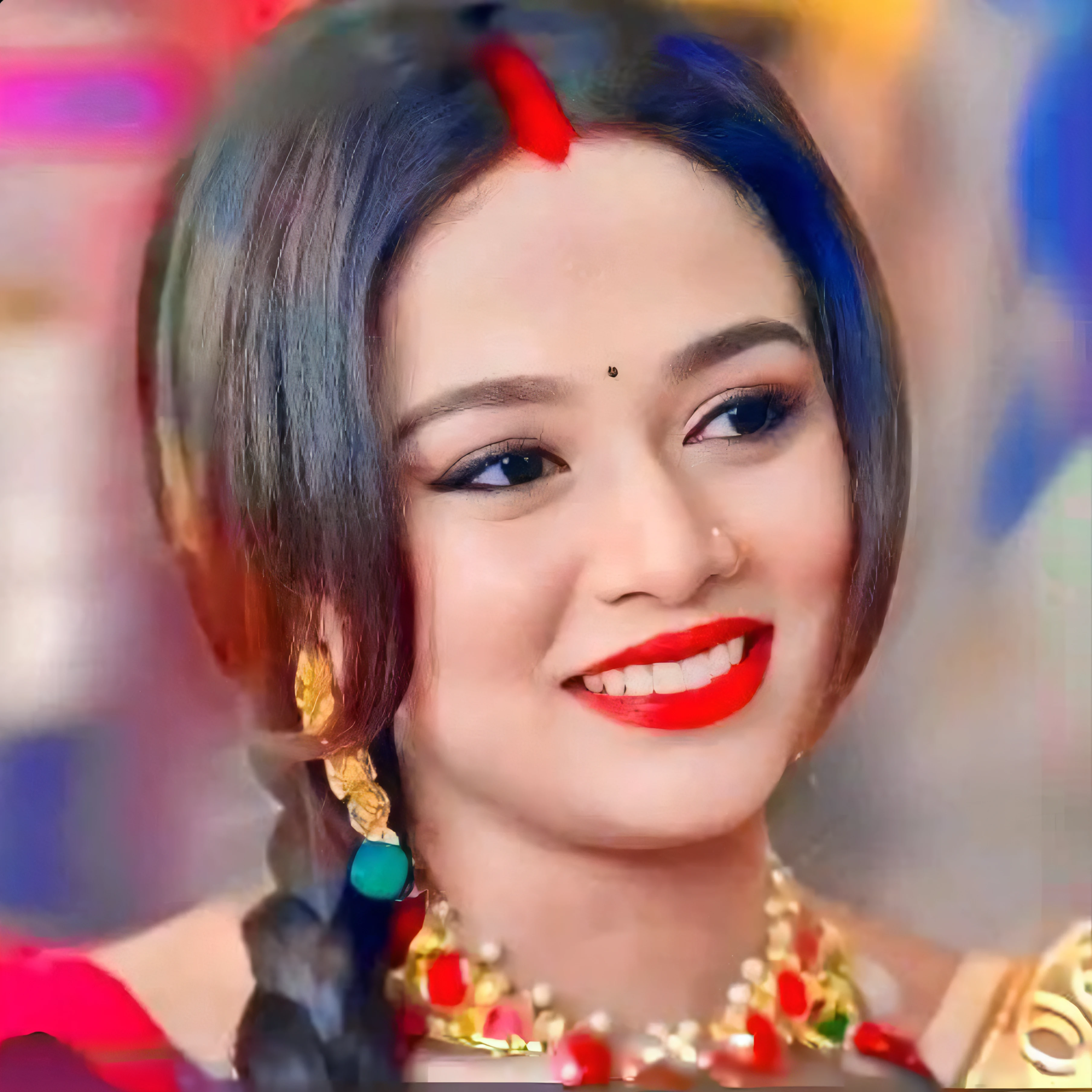 a close up of a woman wearing a red dress and a necklace, traditional beauty, assamese aesthetic, with lovely look, with a beautifull smile, traditional female hairstyles, traditional art, duy beni serial, very beautiful enga style, very very beautiful, she has a cute expressive face, traditional makeup, fanart, leaked image, very beautiful, colourful