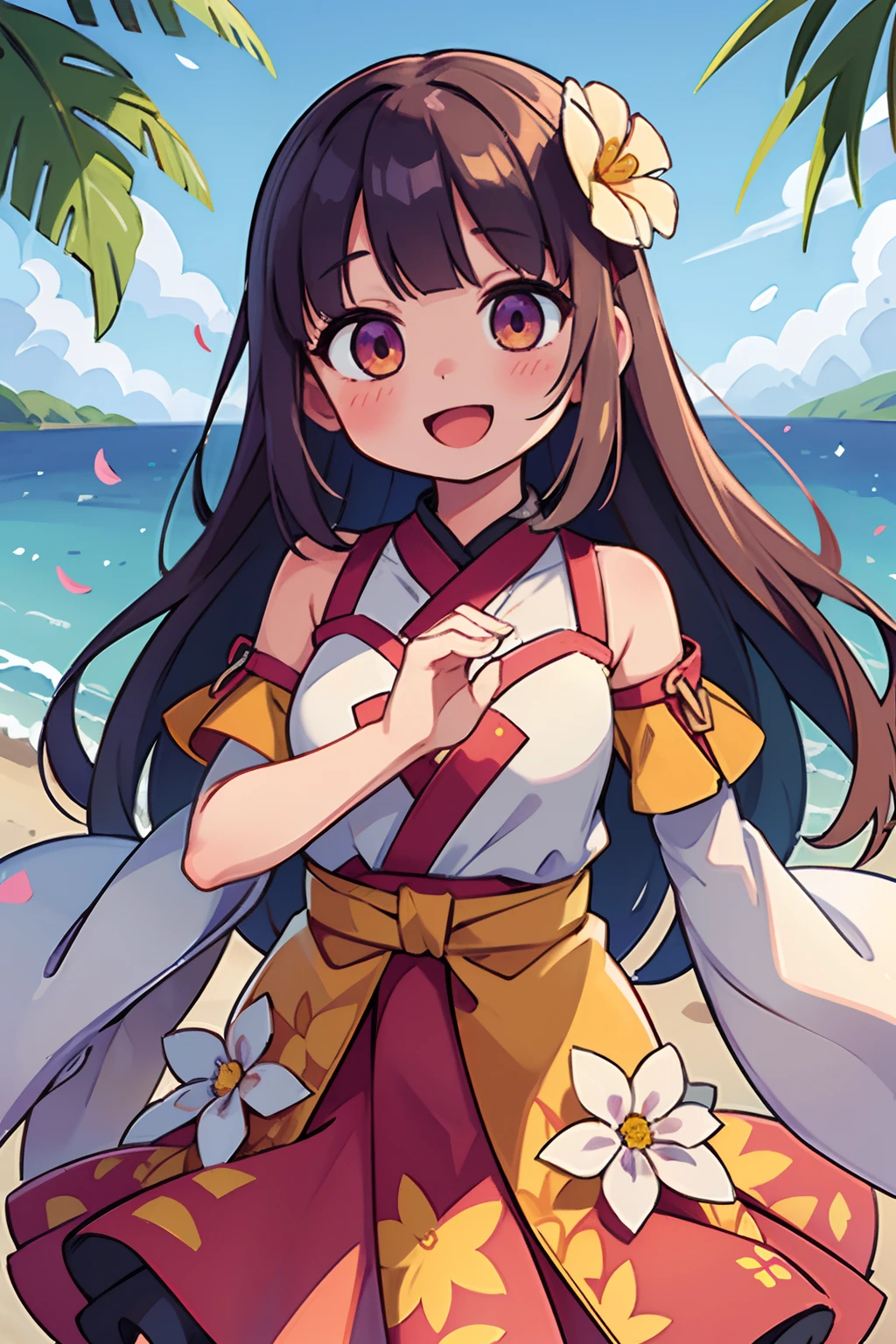 Stand in front of the picture、Open mouth and big smile、Water droplets on the cheeks、Making a heart with both hands、Flowing iridescent silk、up of face、Eye Up、Colorcon with heart pattern、Floral dress、There are also flowers in front、flower petals、season!!: 夏天☀ 🍂